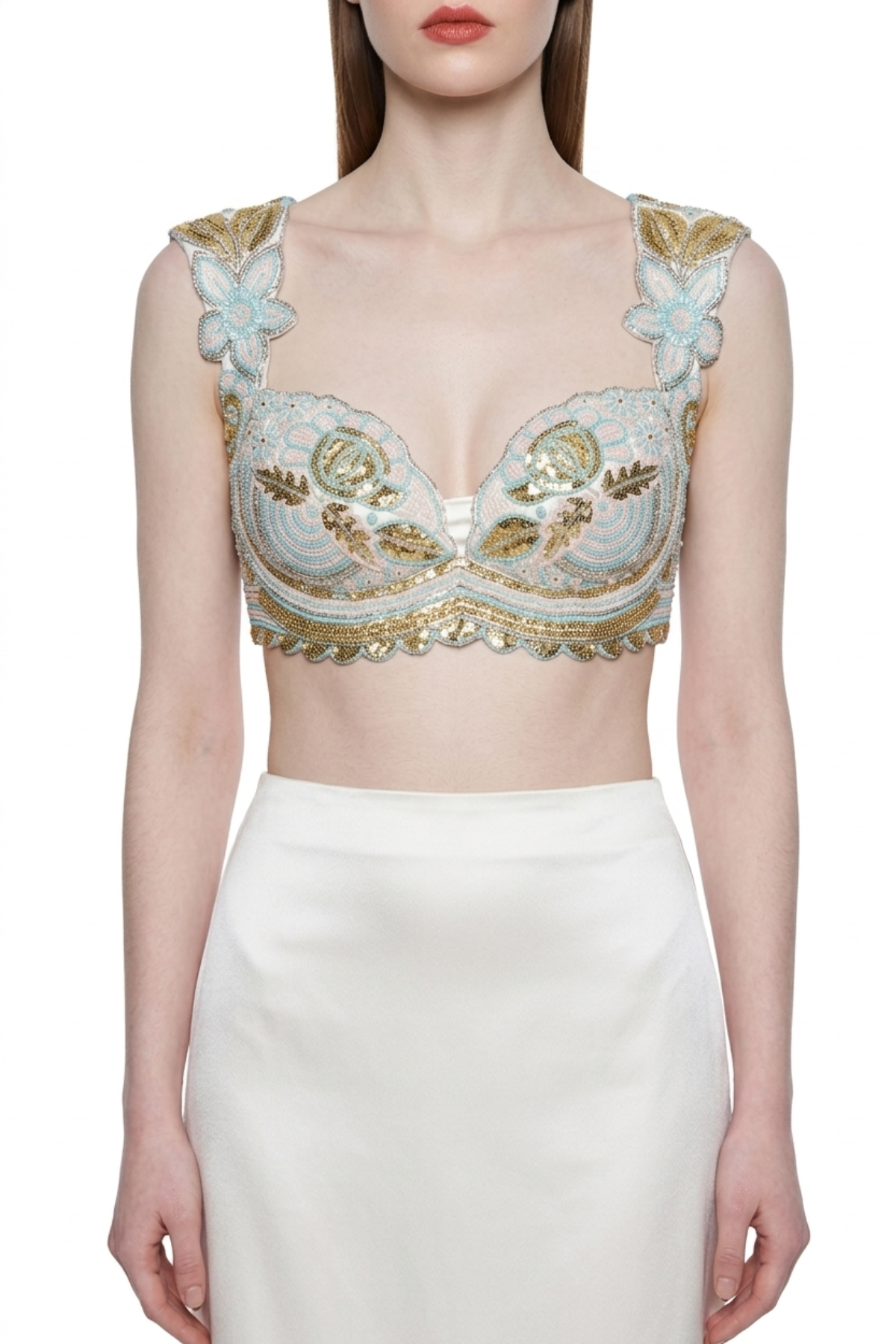 Powder blue zardozi blouse by Dorie Atelier — front view