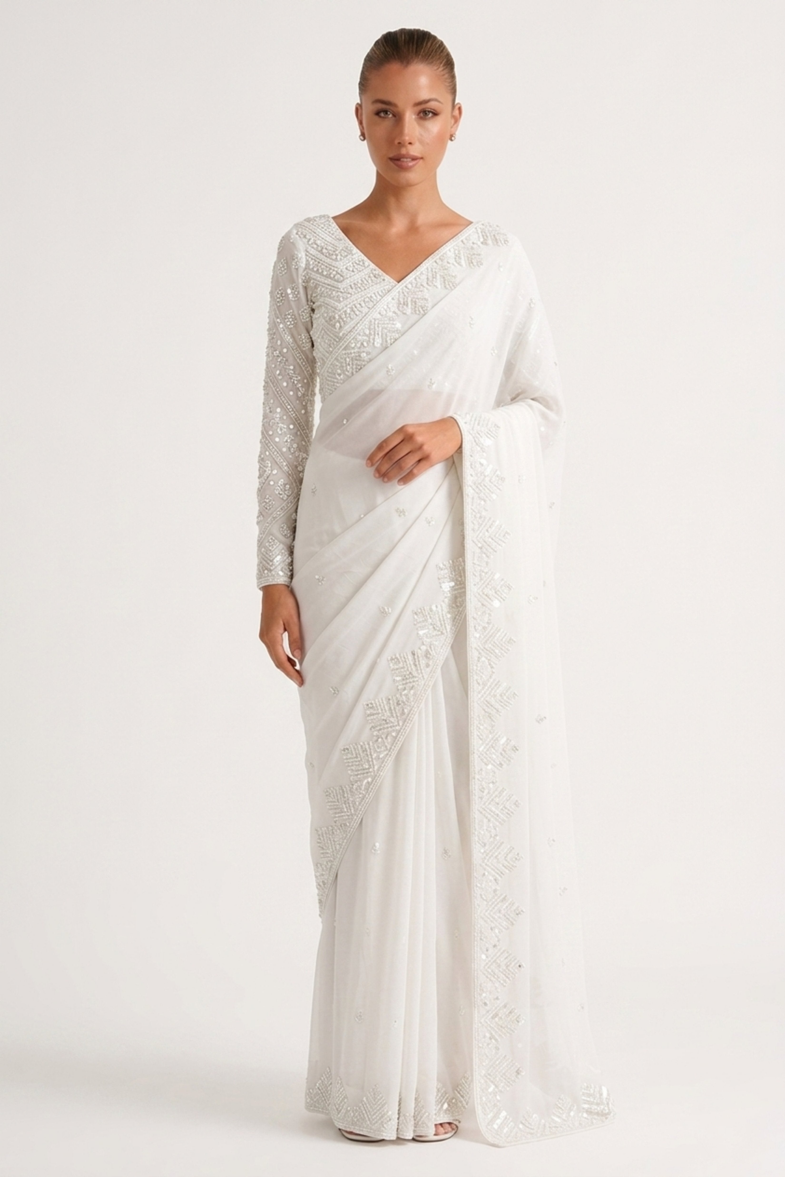 Ivory pure silk bugle bead saree by Dorie Atelier — front view