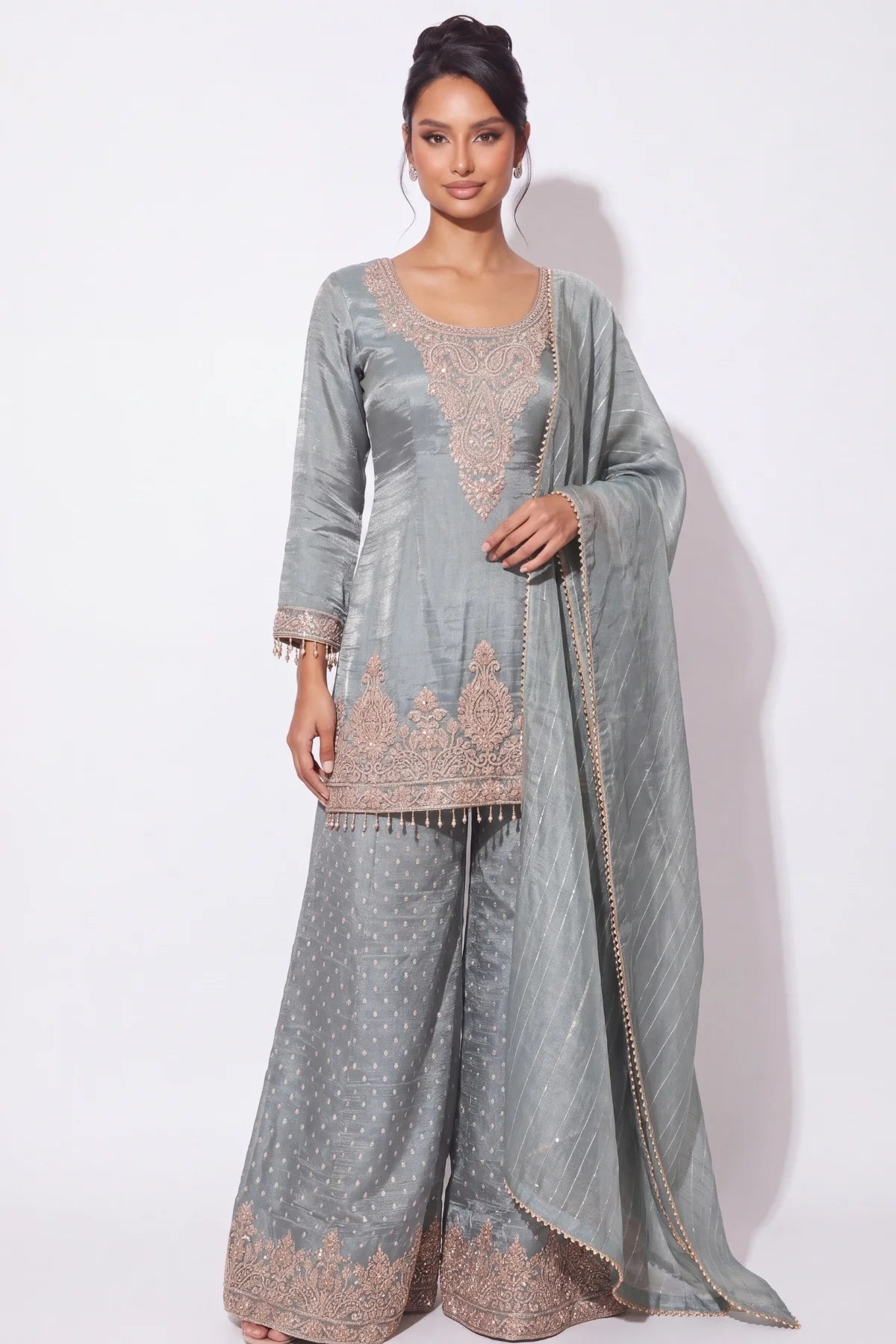 Gris Soft Grey Rose Gold Sharara Suit by Dorie Atelier – view 2