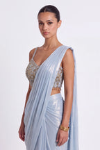 Aasmani Sky Blue Zardozi Pre-Draped Saree by Dorie Atelier – view 3