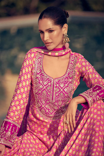 Noor Fuchsia Printed Chinon Silk Sharara Set