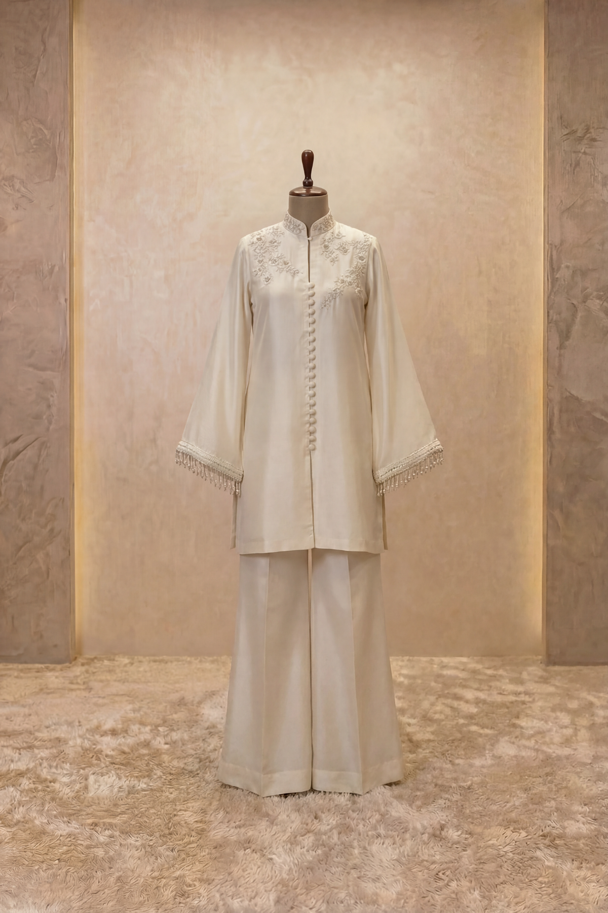 Ivory Button-Front Embroidered Kurta Palazzo Set