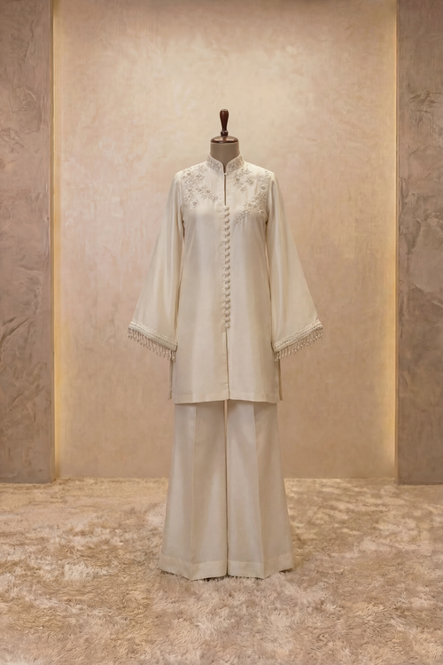 Ivory Button-Front Embroidered Kurta Palazzo Set