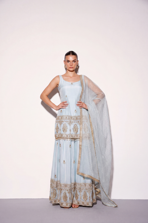 Powder blue net zari sharara set by Dorie Atelier — front view
