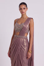 Cassonade Mauve Pre-Draped Saree by Dorie Atelier – view 1
