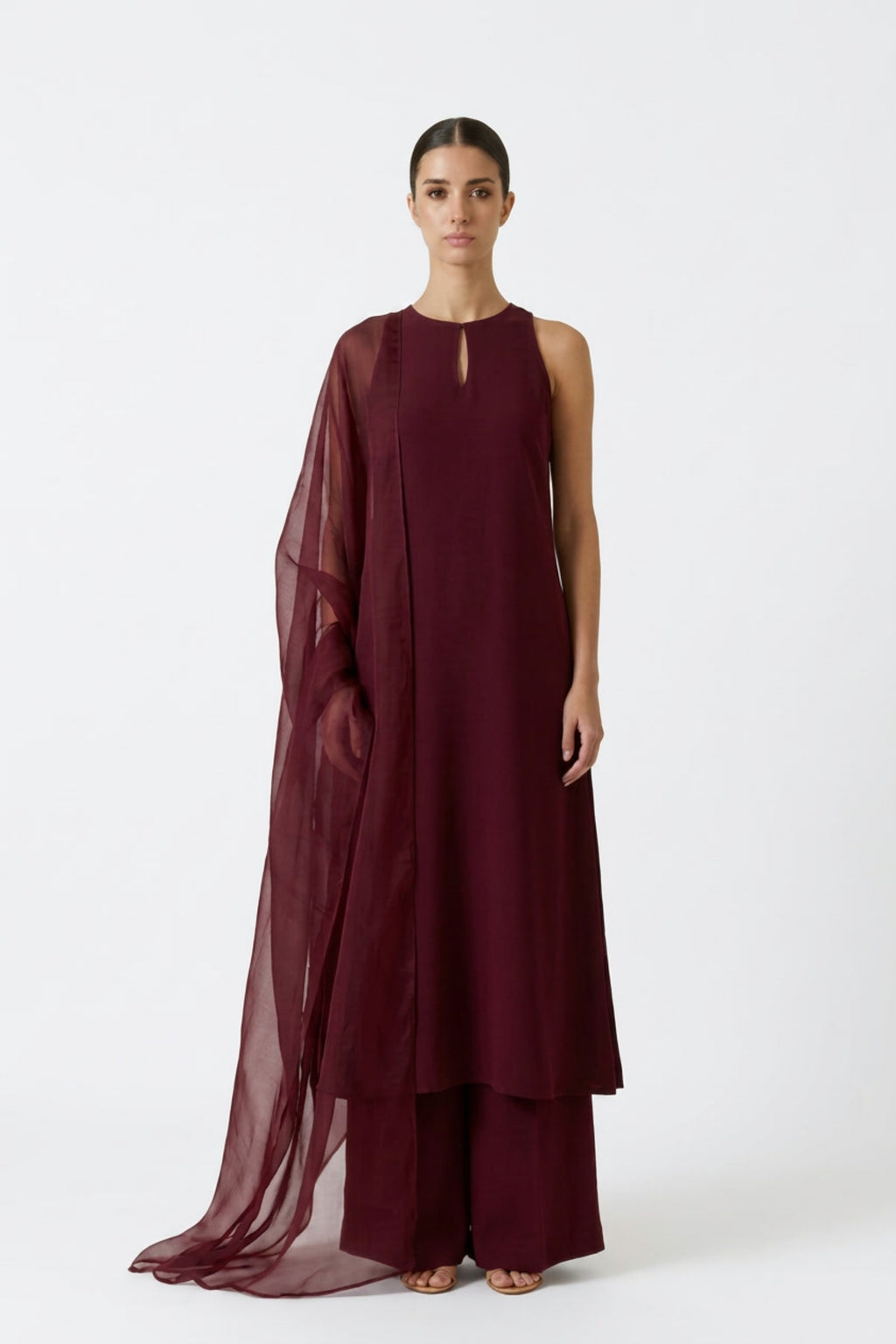 Wine pure satin silk kurta by Dorie Atelier — front view