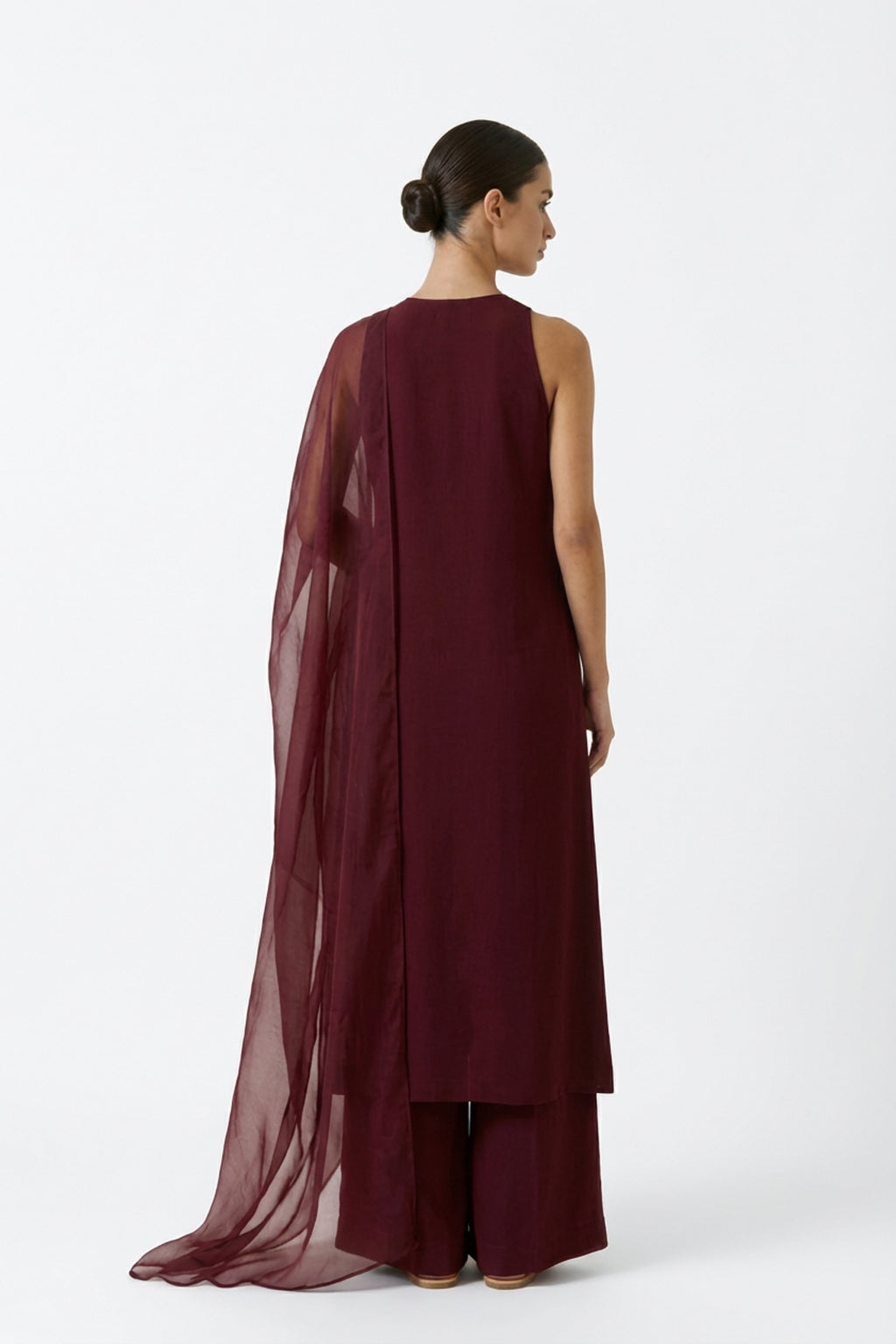 Wine pure satin silk kurta — back view showing silhouette and finishing