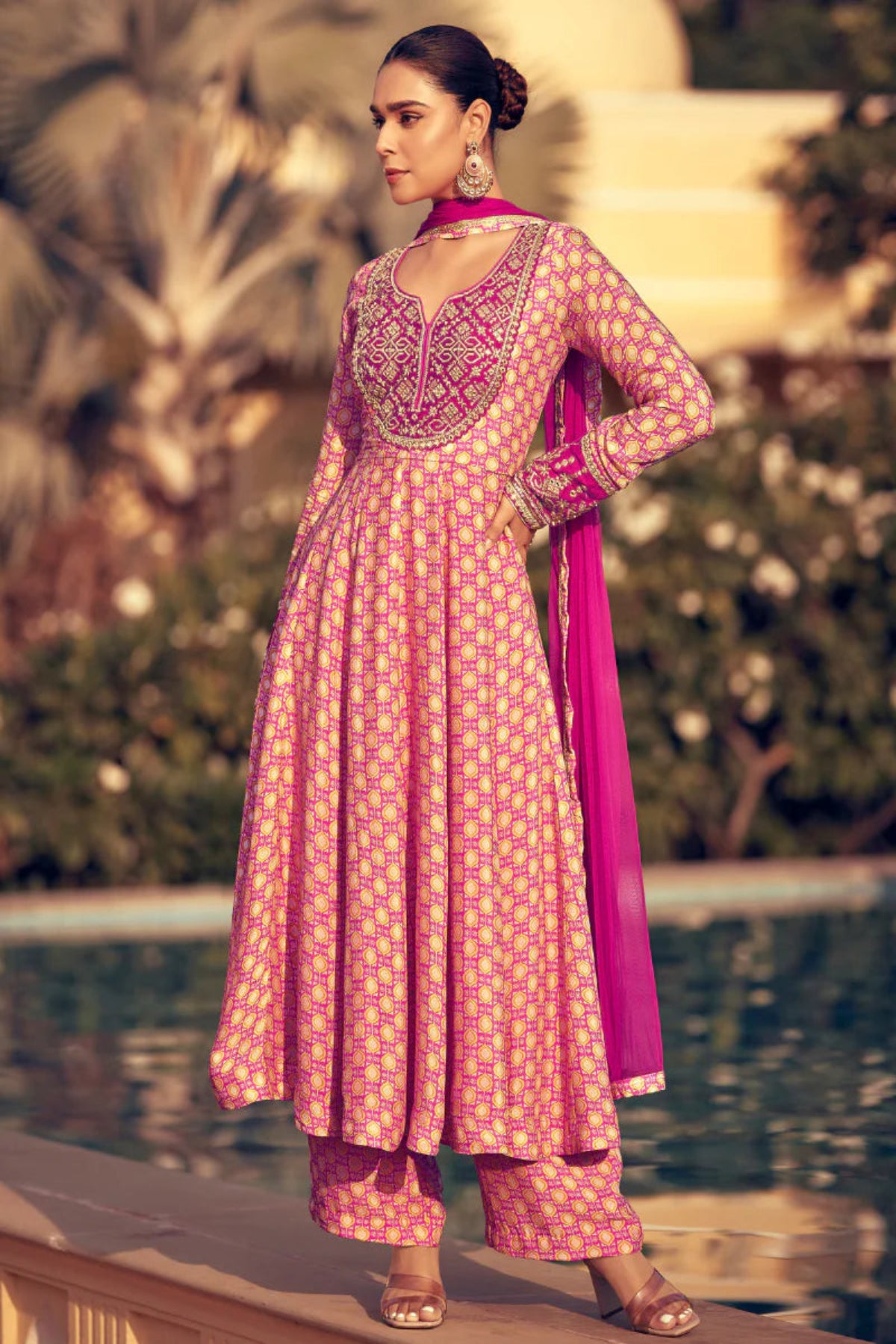 Noor Fuchsia Printed Silk Kurta Set