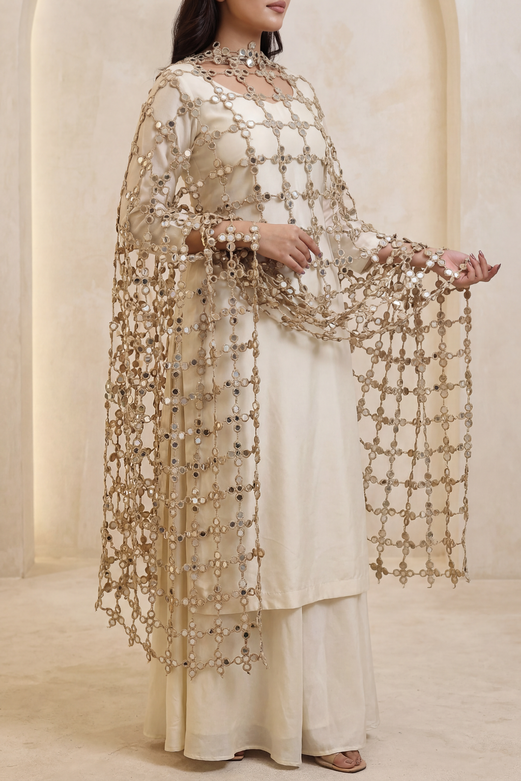 Mirror Veil Dupatta Tan scarf set — back view showing silhouette and finishing