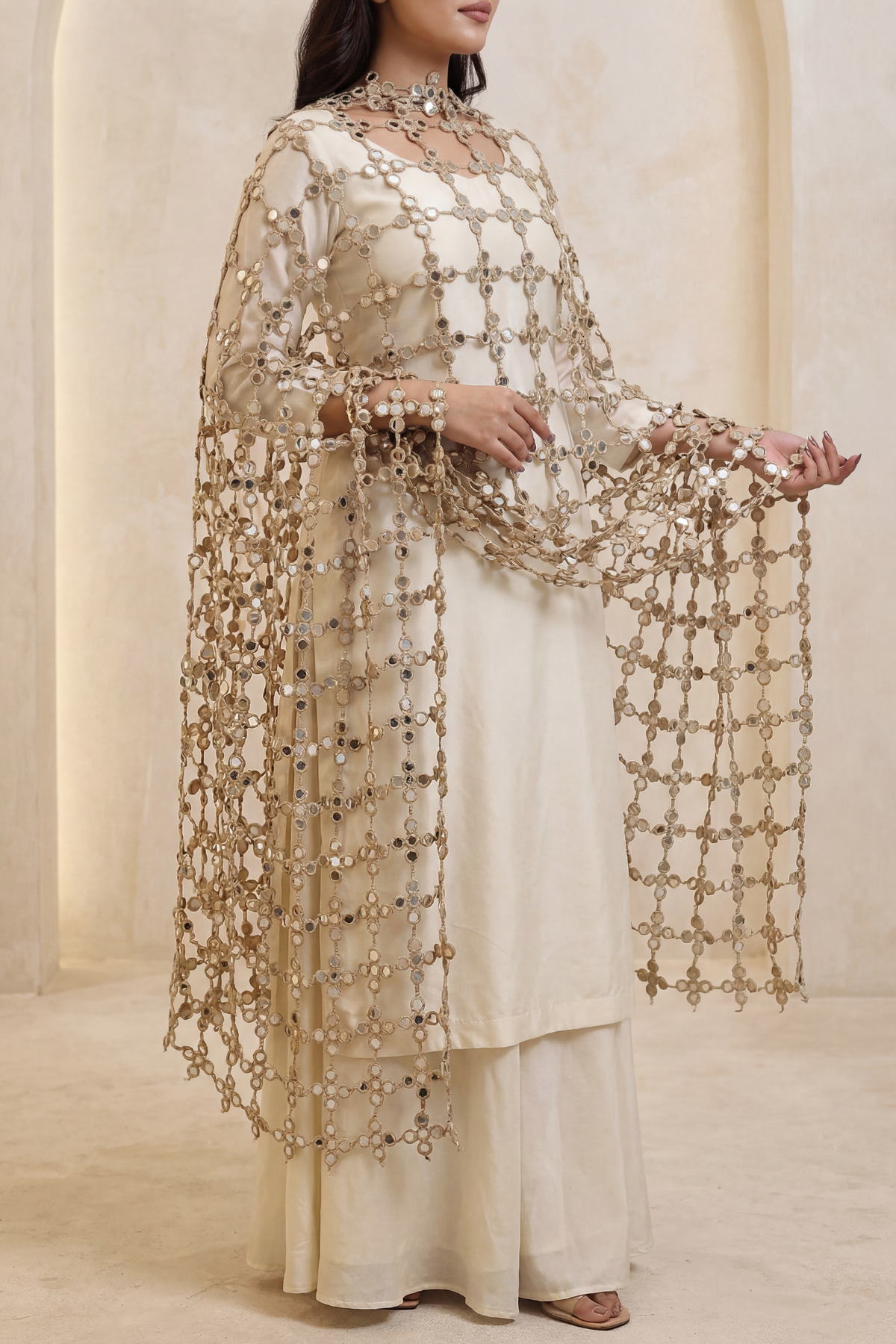 Mirror Veil Dupatta Tan scarf set — back view showing silhouette and finishing