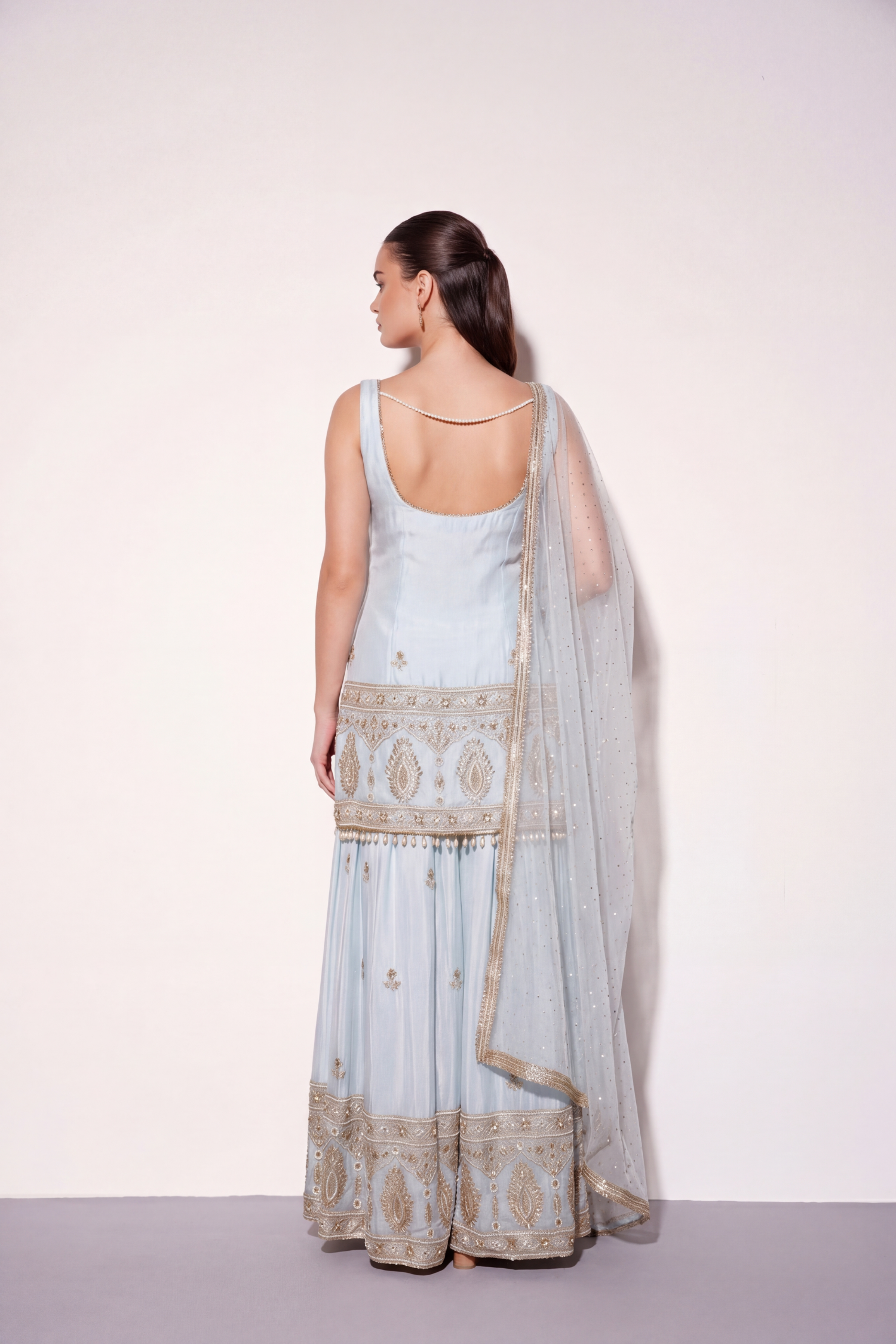 Powder blue net zari sharara set — back view showing silhouette and finishing