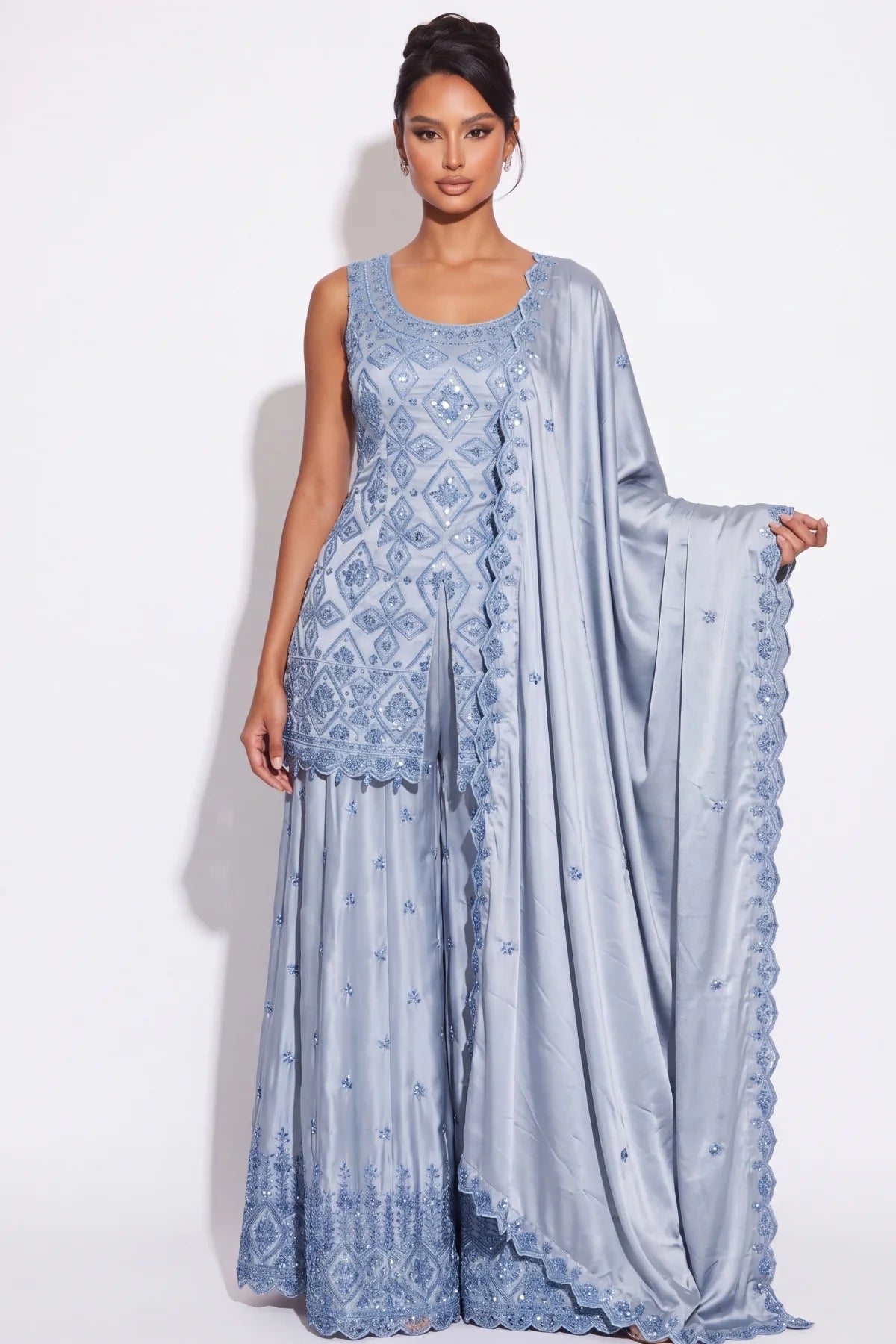 Colombe Powder Blue Beaded Sharara Suit by Dorie Atelier – view 2