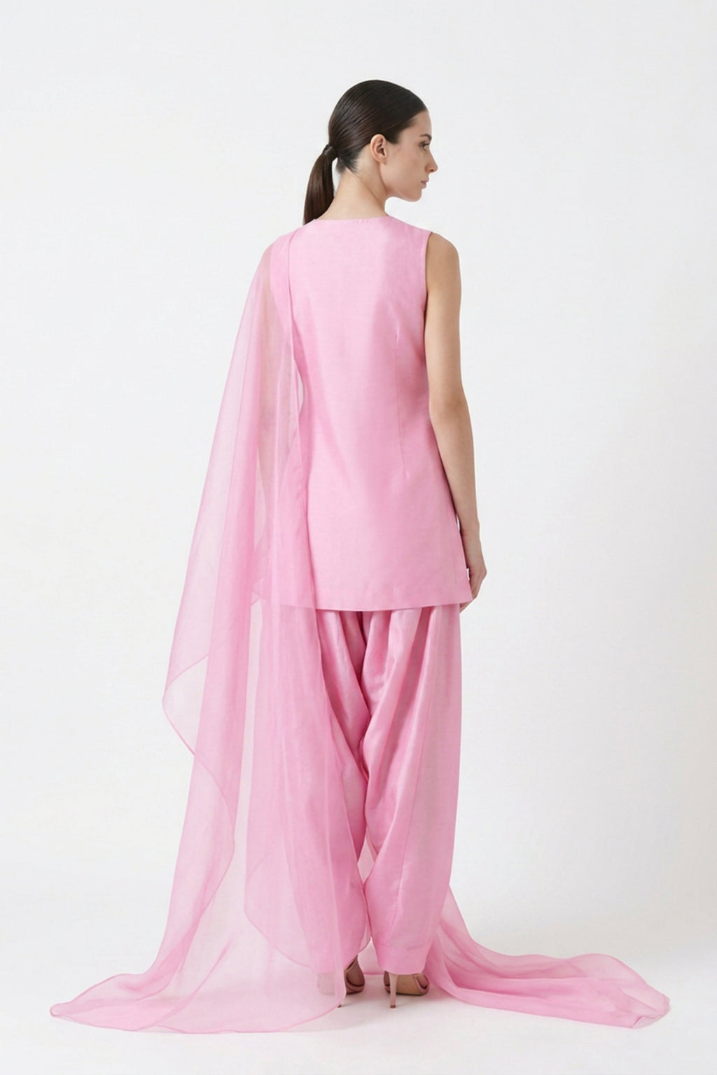 Pink pure satin silk farshi set — back view showing silhouette and finishing
