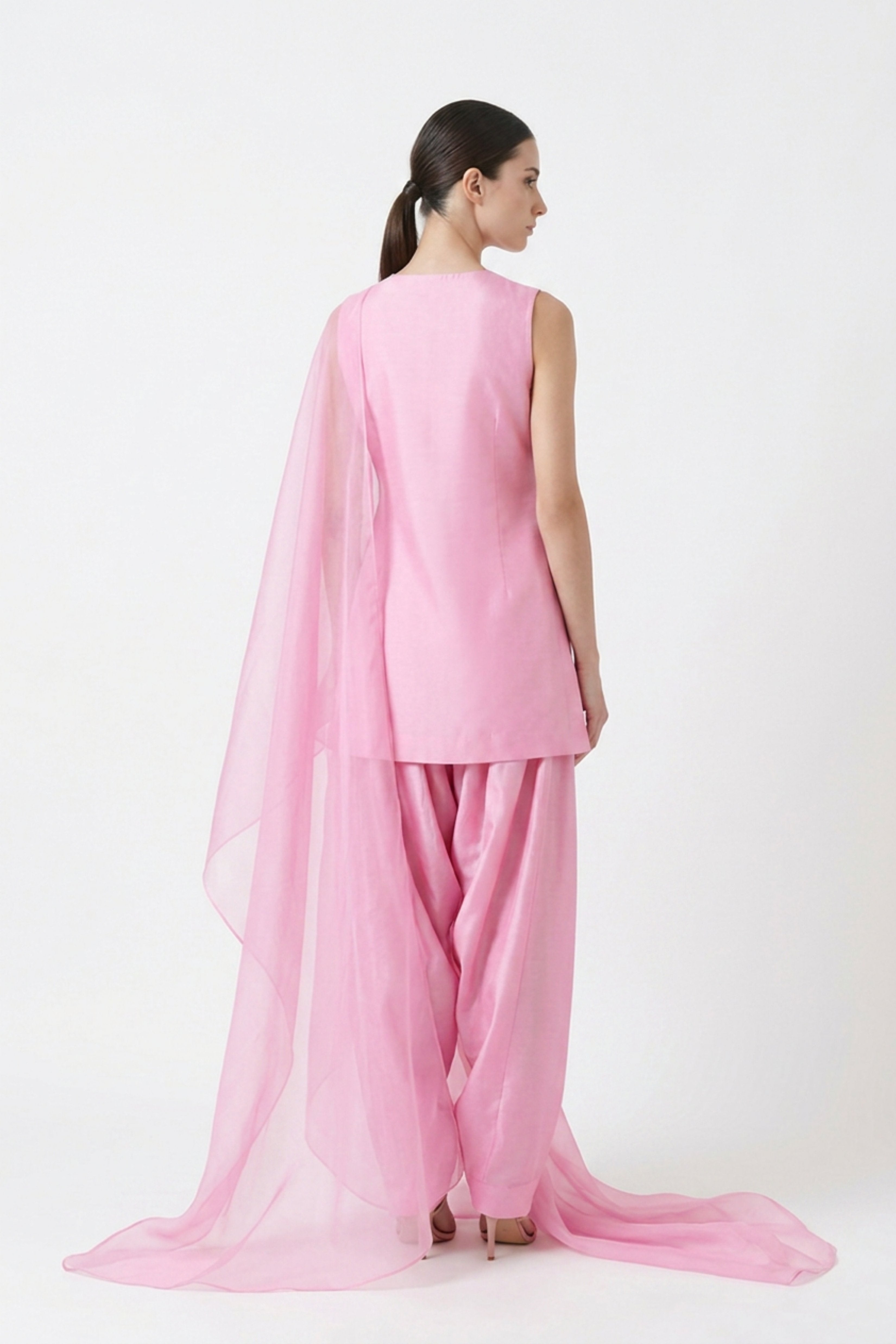 Pink pure satin silk farshi set — back view showing silhouette and finishing