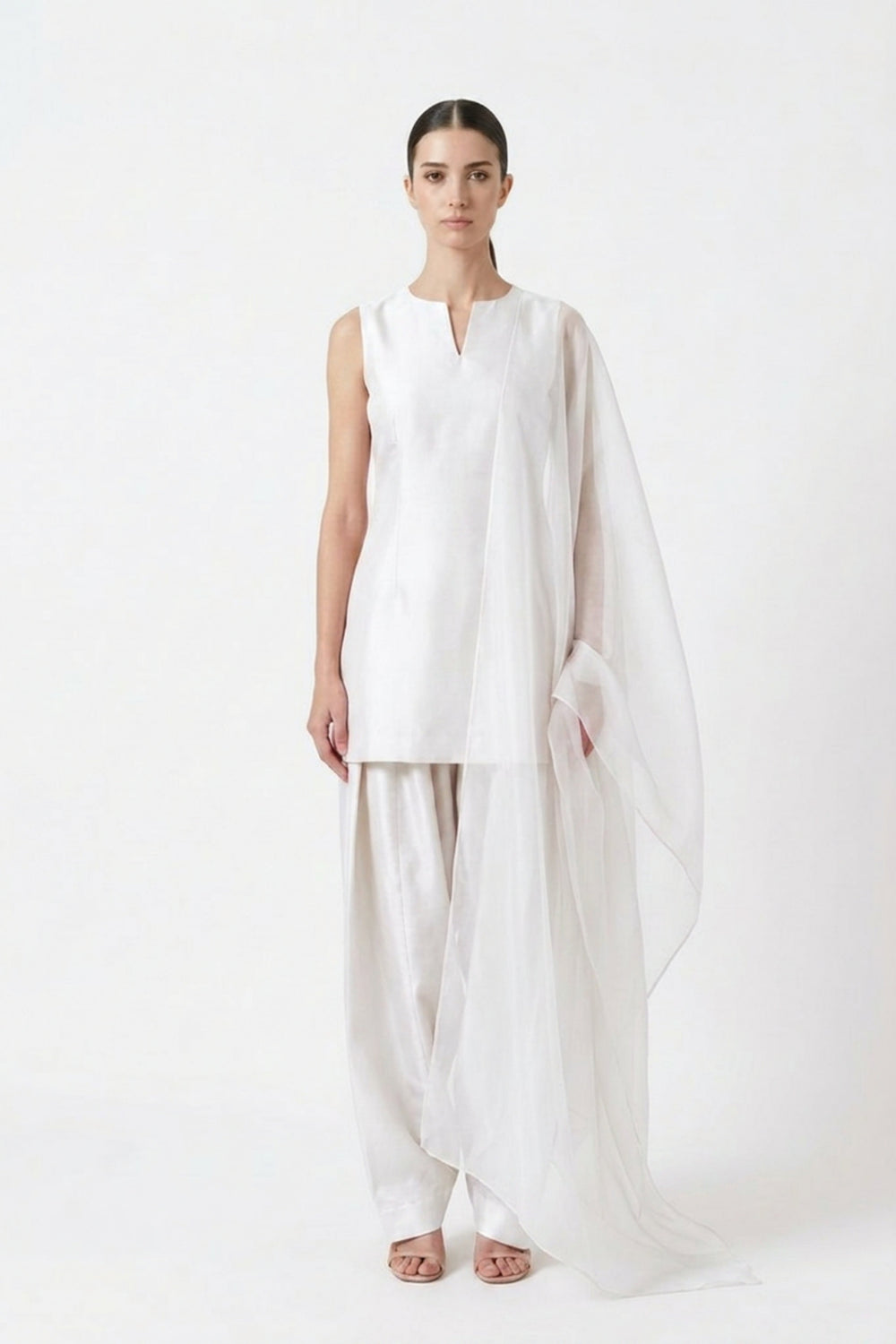 Ivory pure satin silk farshi set by Dorie Atelier — front view