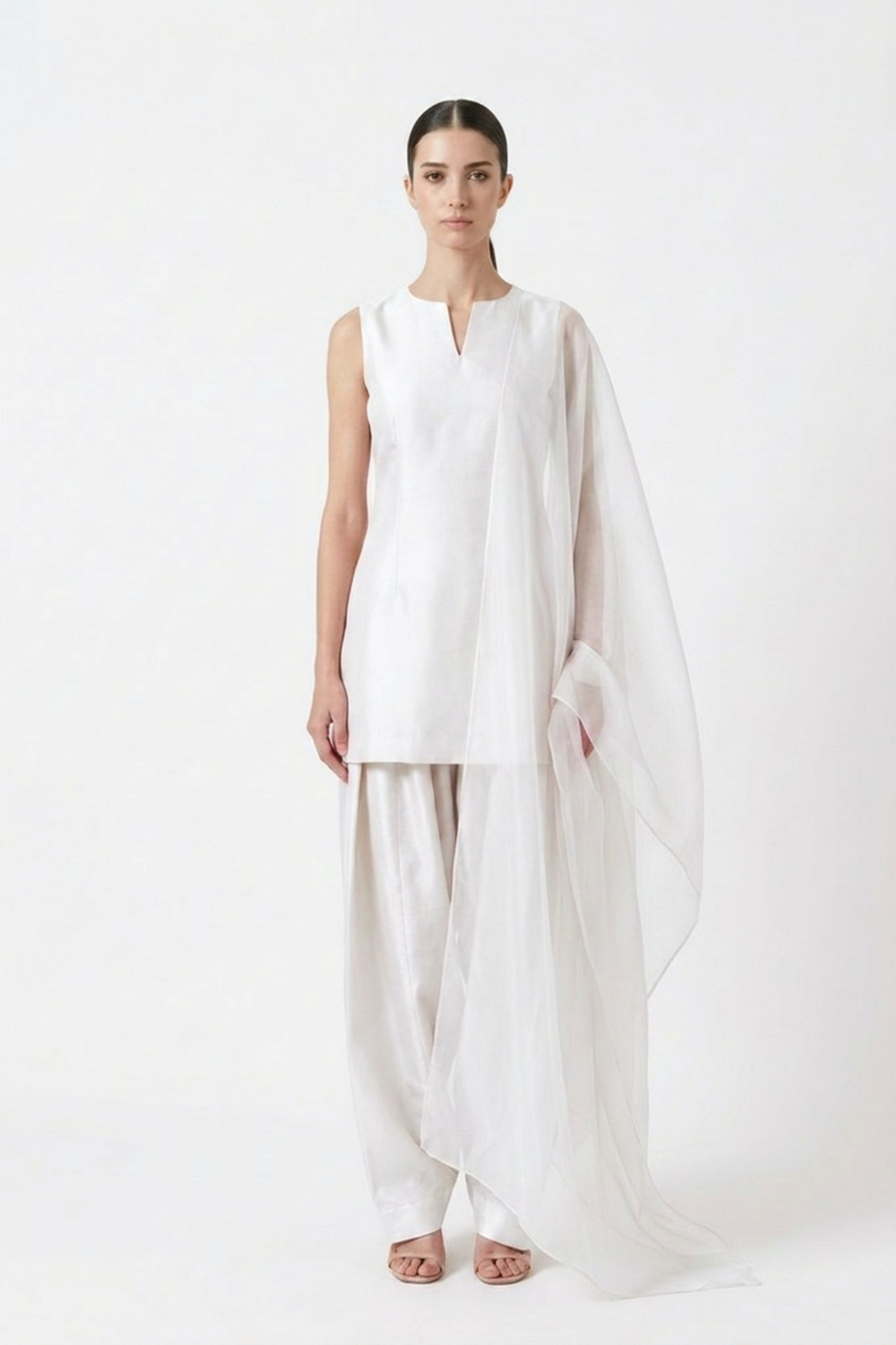 Ivory pure satin silk farshi set by Dorie Atelier — front view