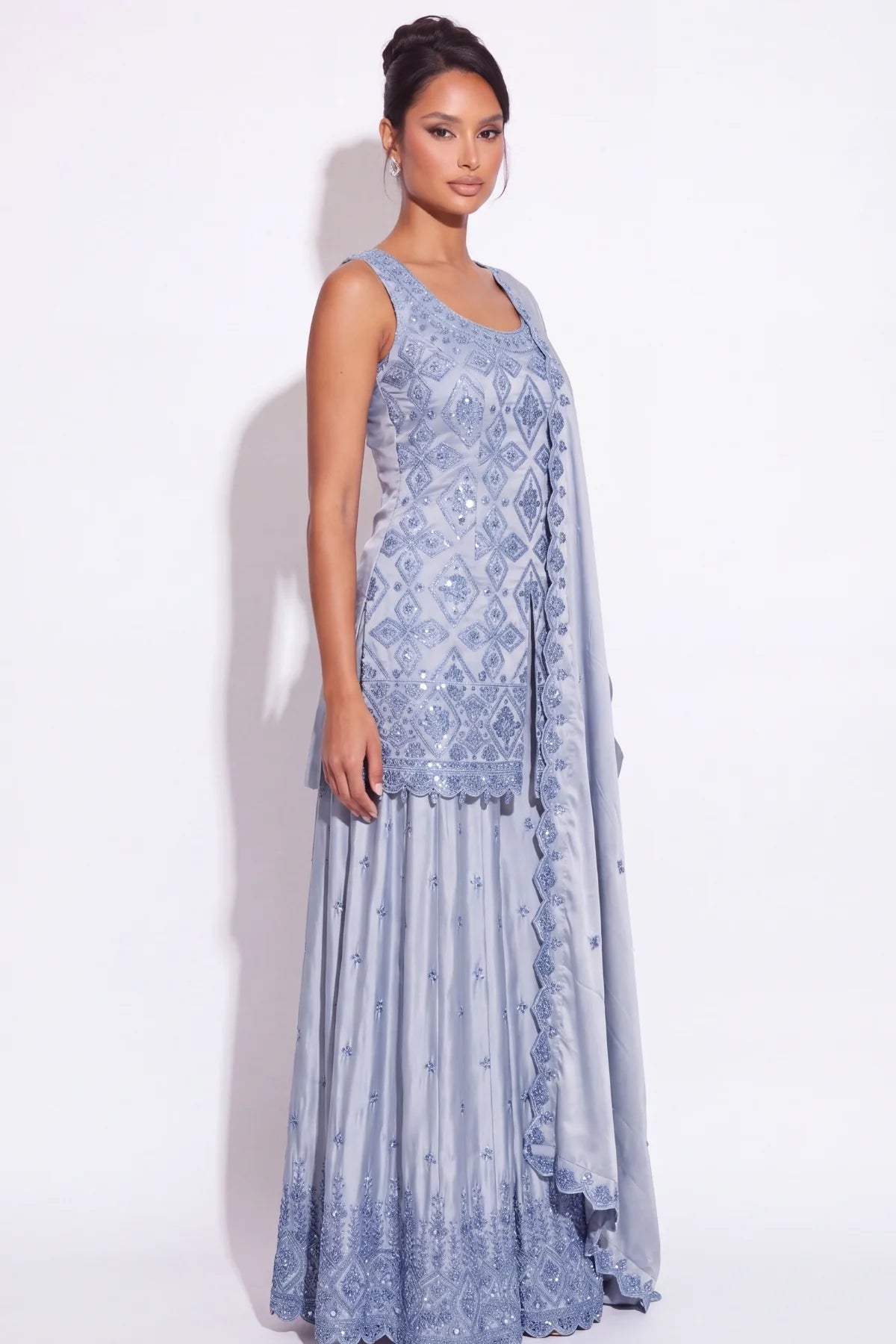Colombe Powder Blue Beaded Sharara Suit by Dorie Atelier – view 3