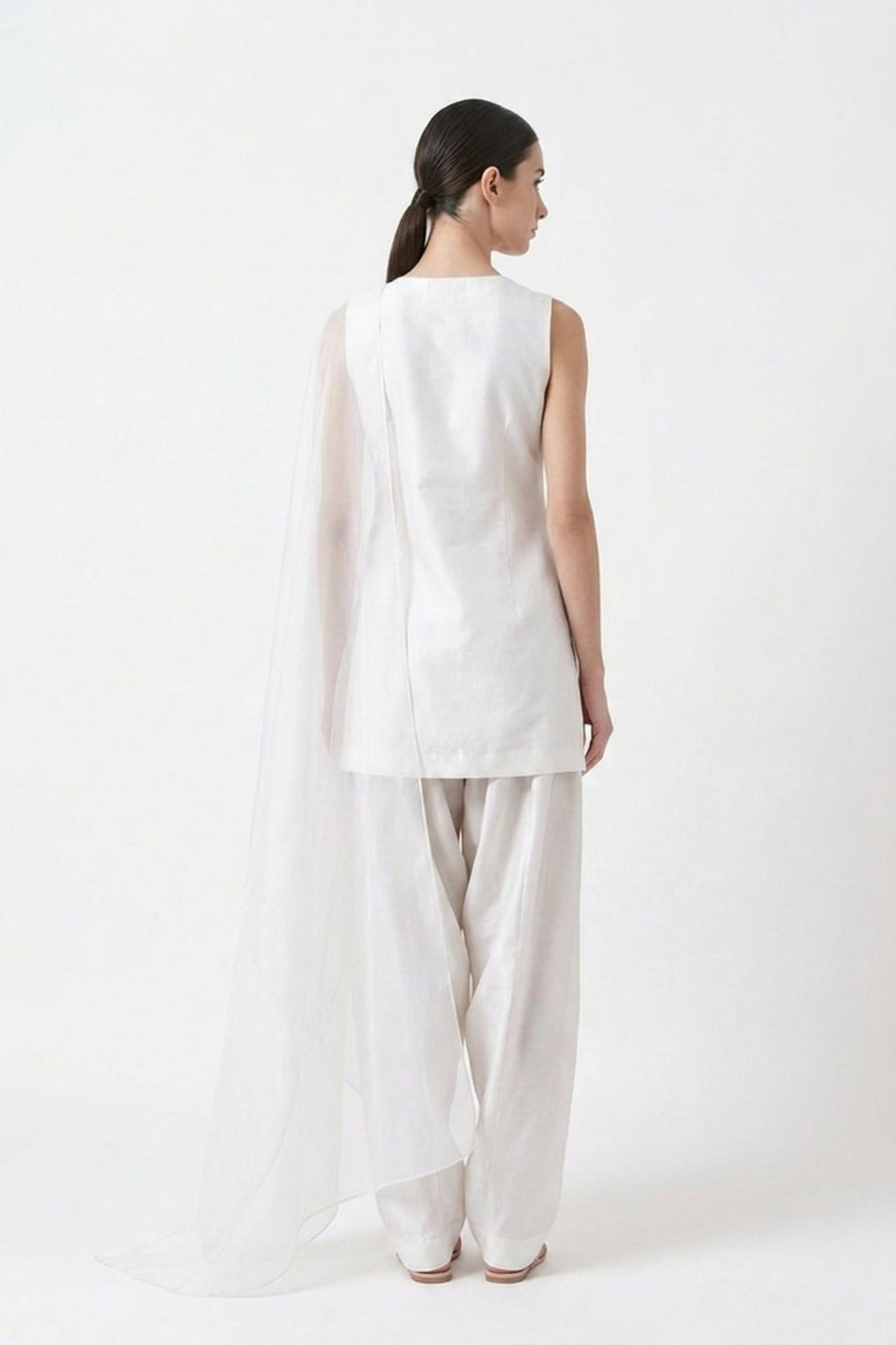 Ivory pure satin silk farshi set — back view showing silhouette and finishing