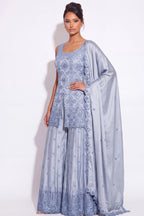 Colombe Powder Blue Beaded Sharara Suit by Dorie Atelier – view 1