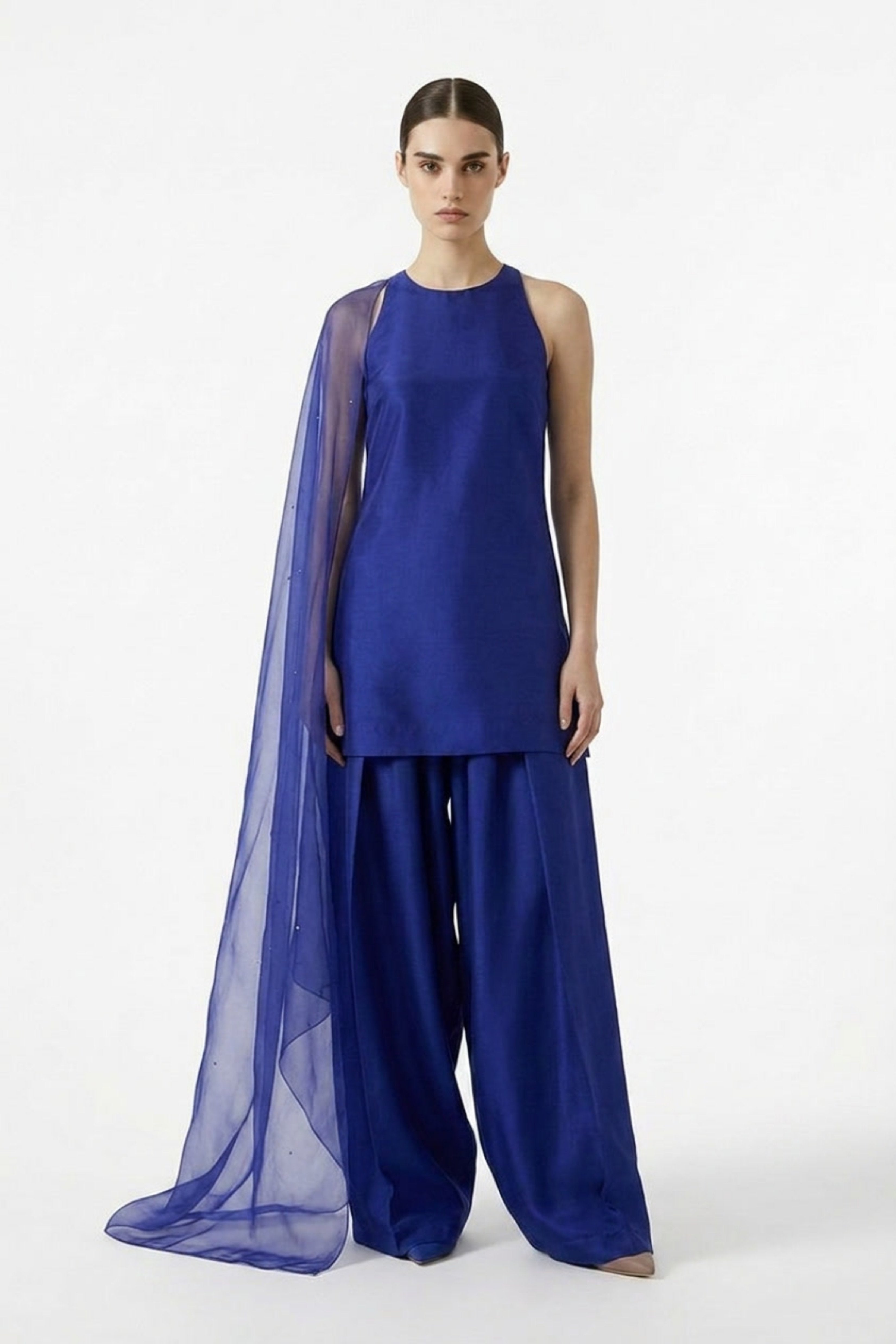 Cobalt pure satin silk farshi set by Dorie Atelier — front view