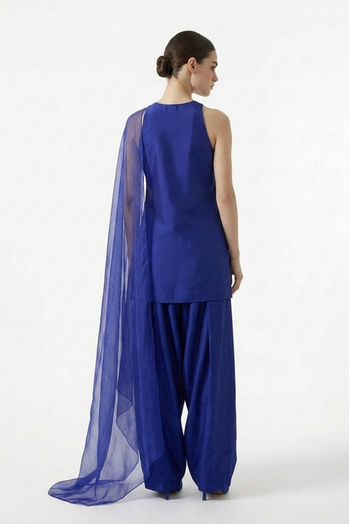 Cobalt pure satin silk farshi set — back view showing silhouette and finishing