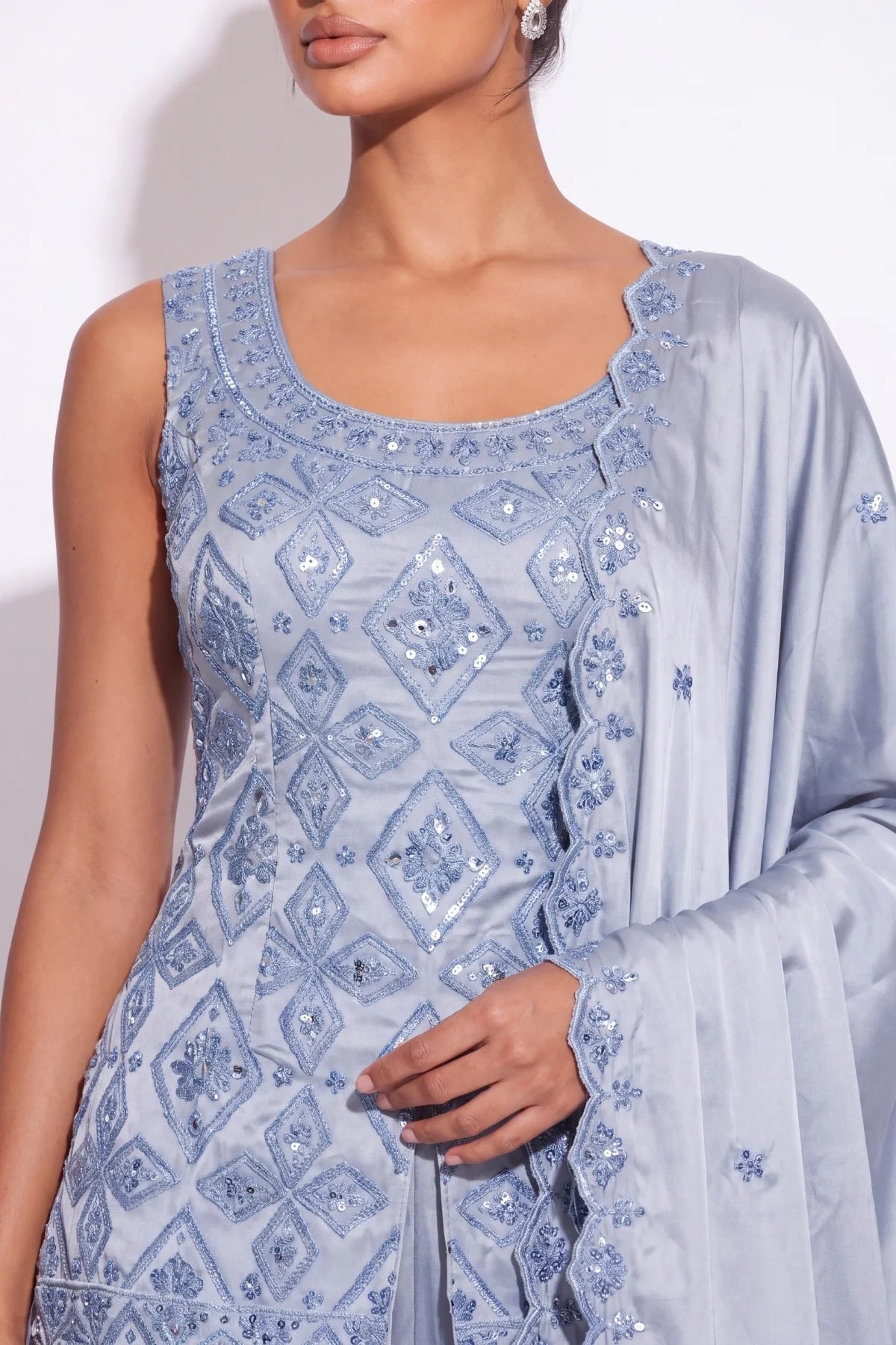 Colombe Powder Blue Beaded Sharara Suit by Dorie Atelier – view 6