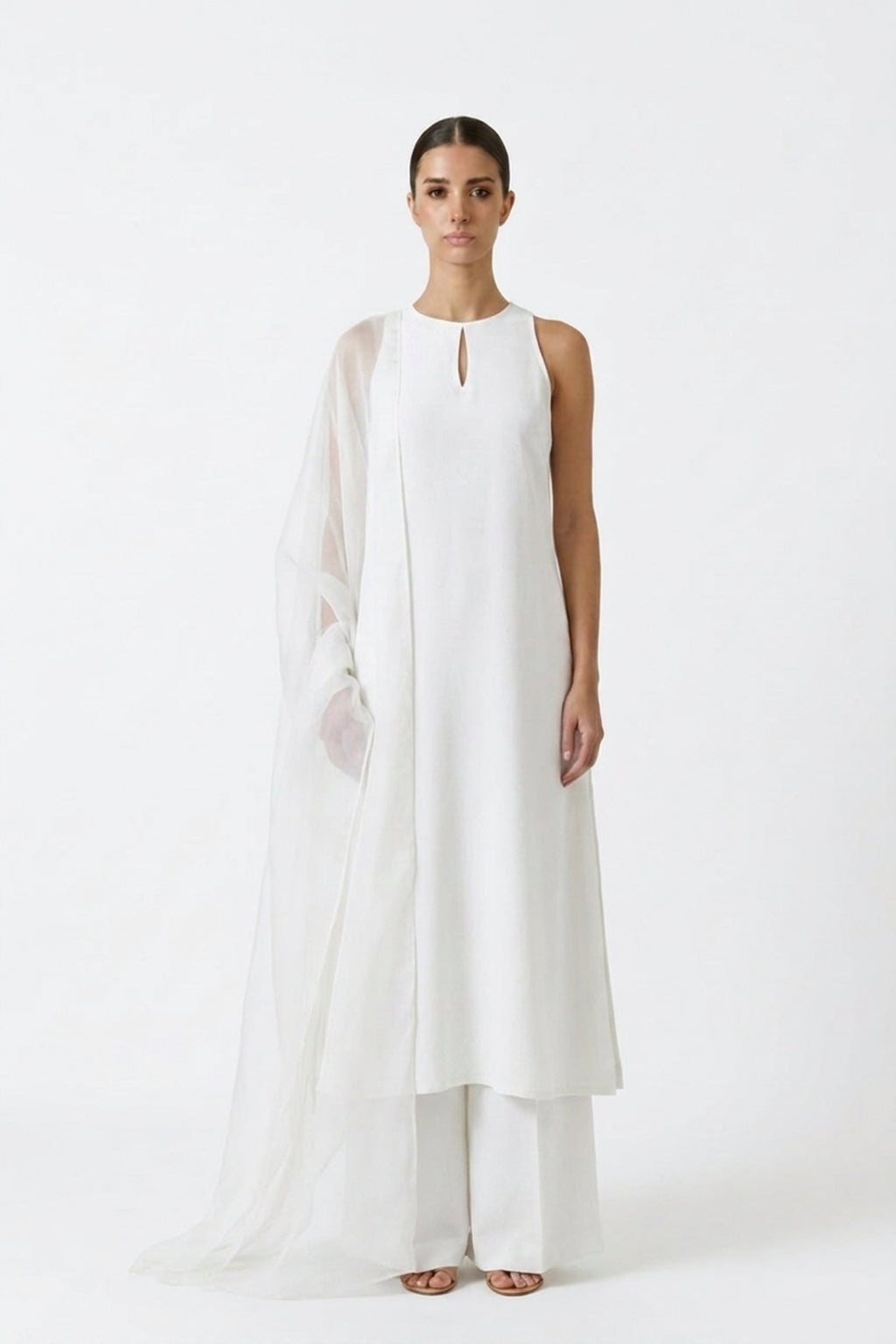 Ivory pure satin silk kurta by Dorie Atelier — front view