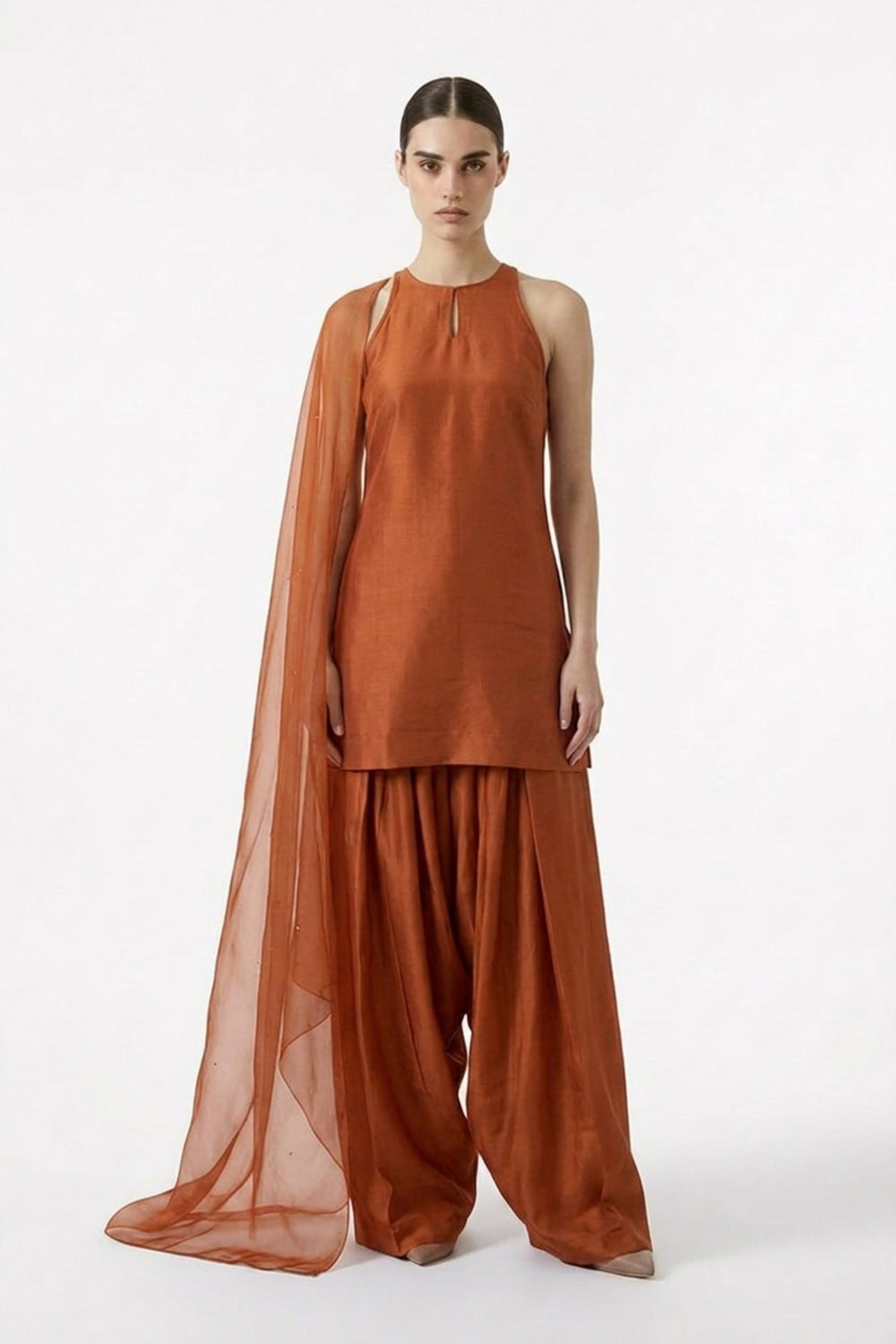 Pure satin silk farshi set by Dorie Atelier — front view