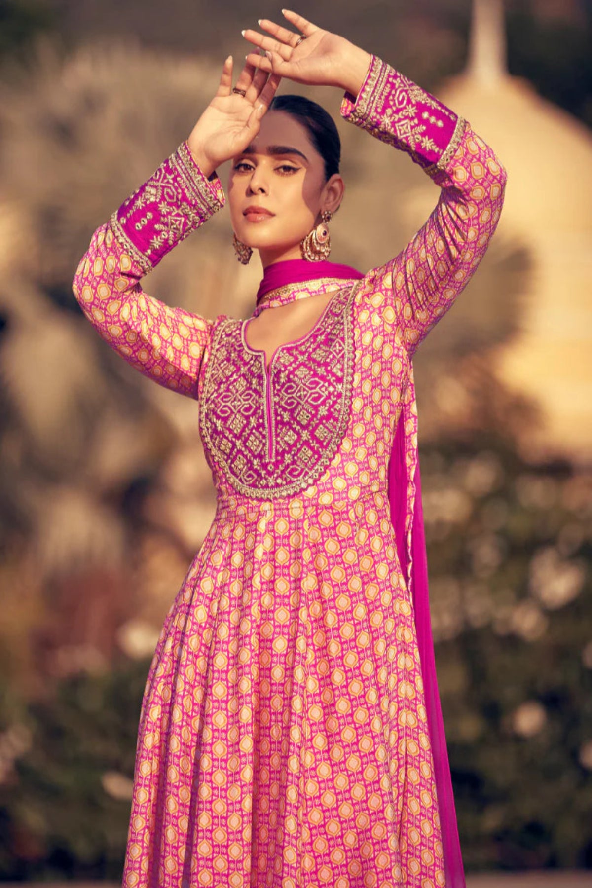 Noor Fuchsia Printed Silk Kurta Set