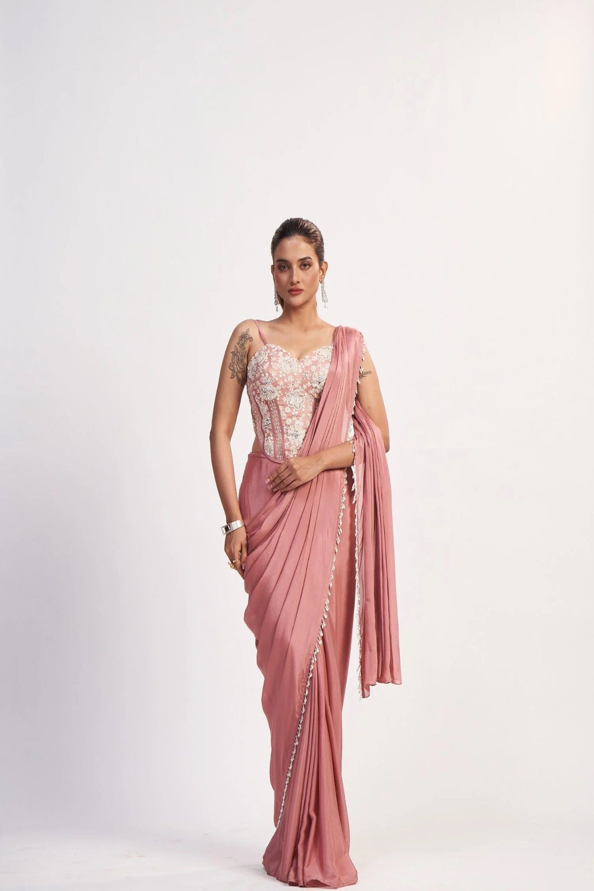 Dusty Rose Corset Chinon Saree