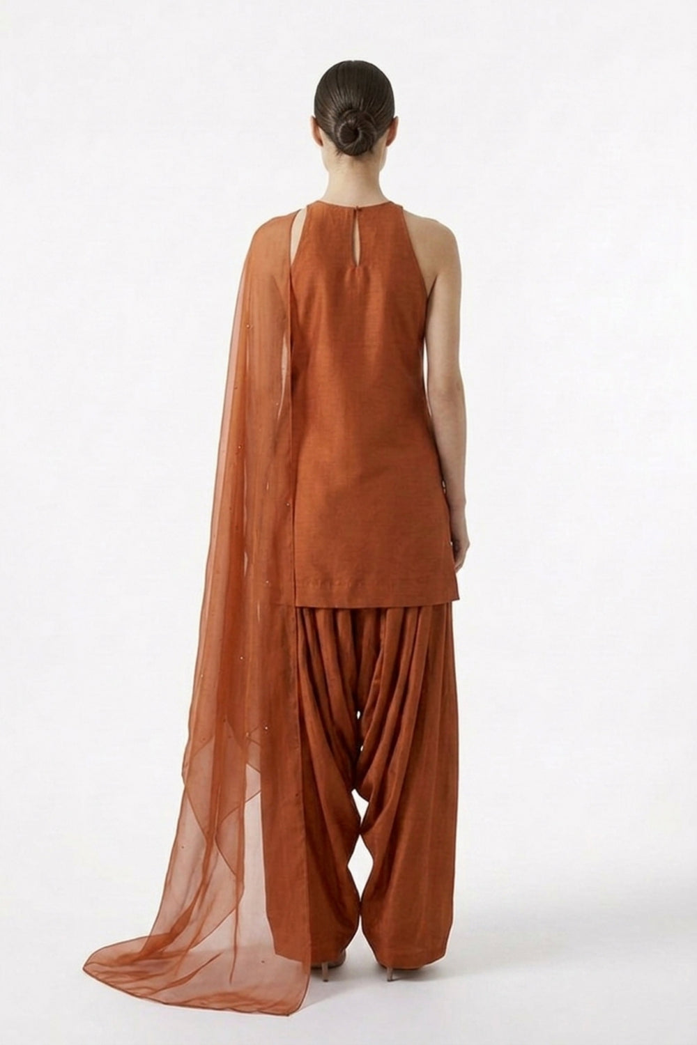 Pure satin silk farshi set — back view showing silhouette and finishing