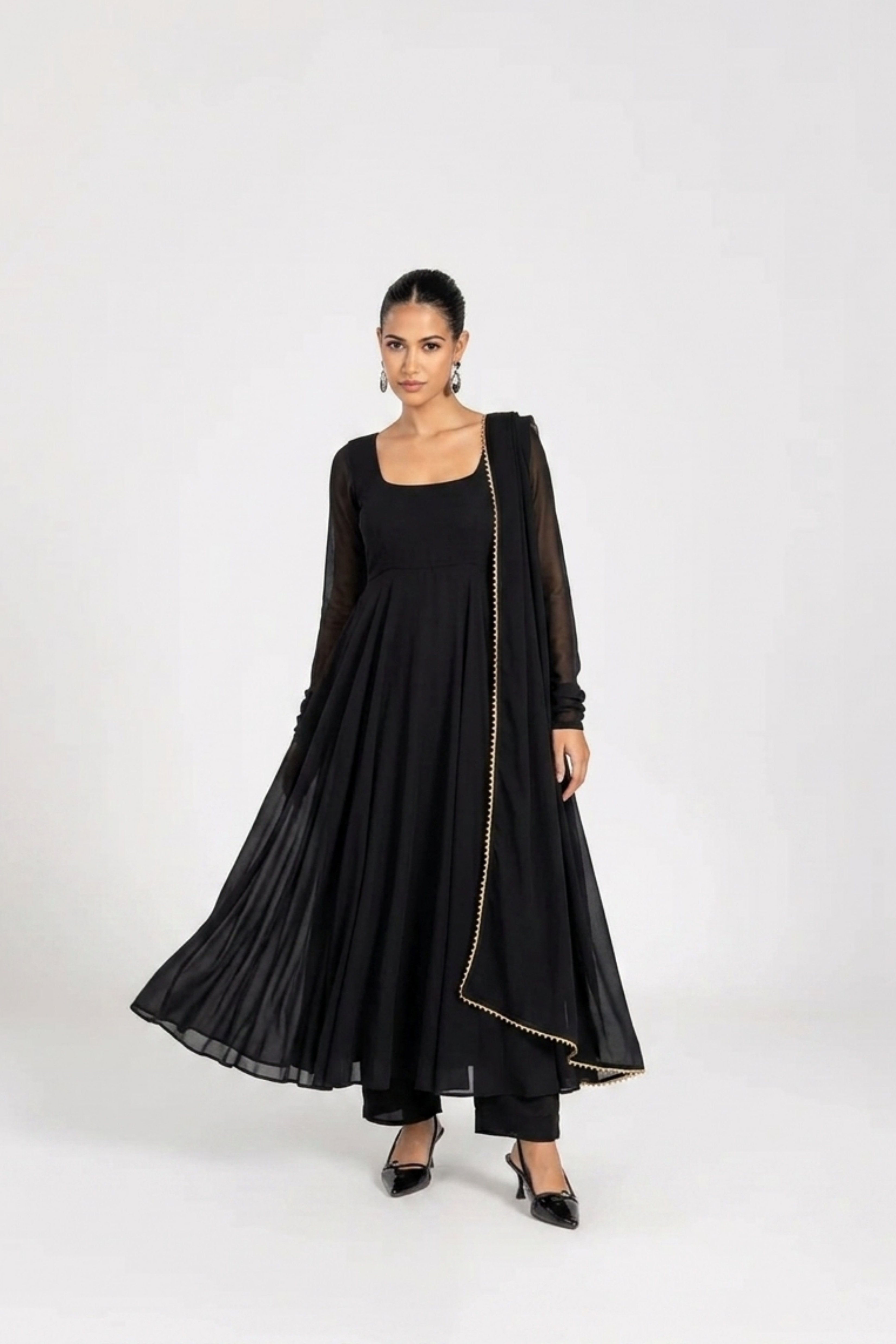 Black georgette scallop anarkali by Dorie Atelier — front view