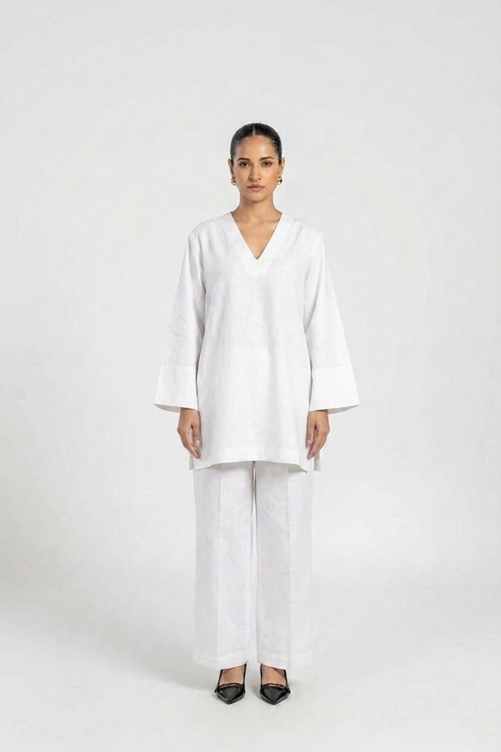 White linen co-ord set by Dorie Atelier — front view