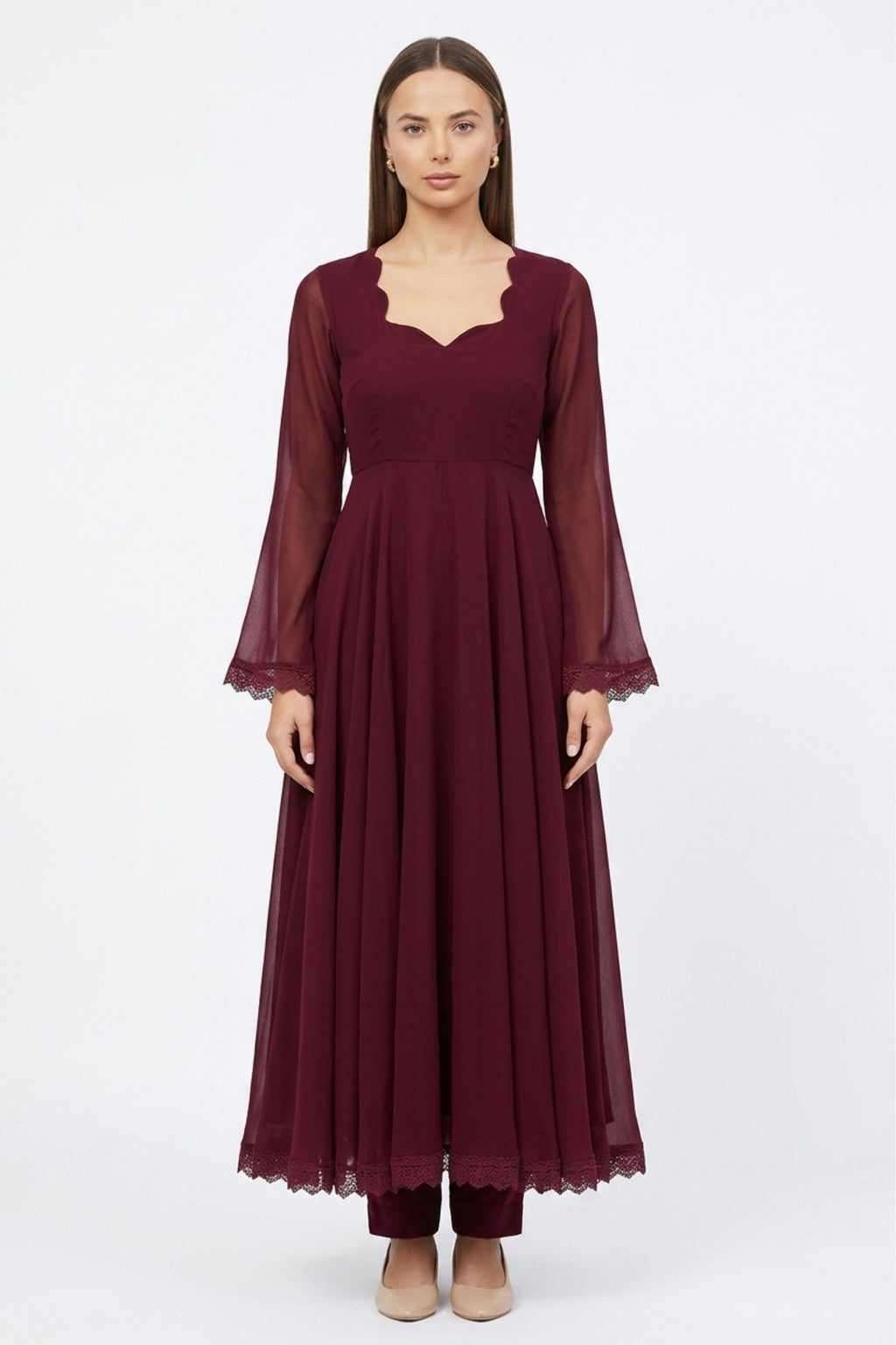 Georgette scallop anarkali by Dorie Atelier — front view