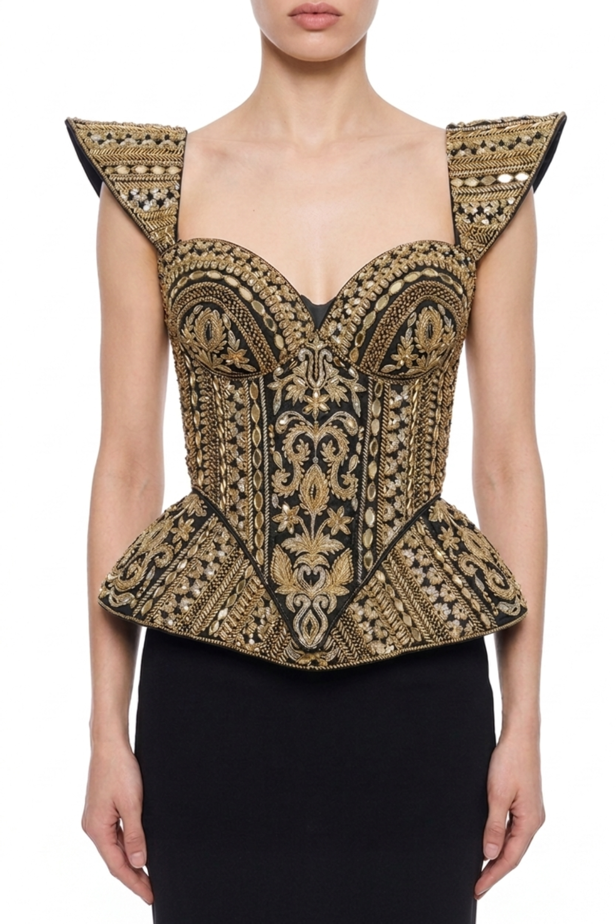 Gold mirrorwork corset by Dorie Atelier — front view