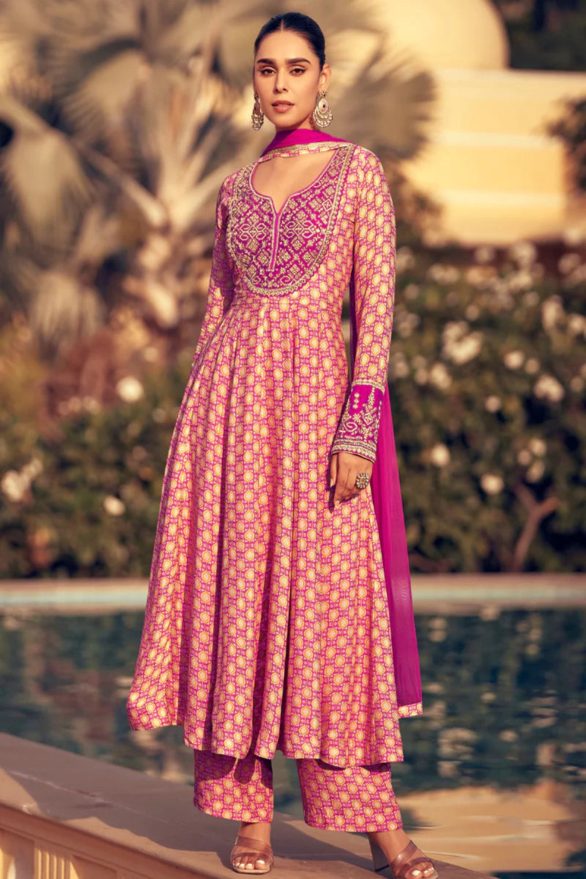 Noor Fuchsia Printed Silk Kurta Set