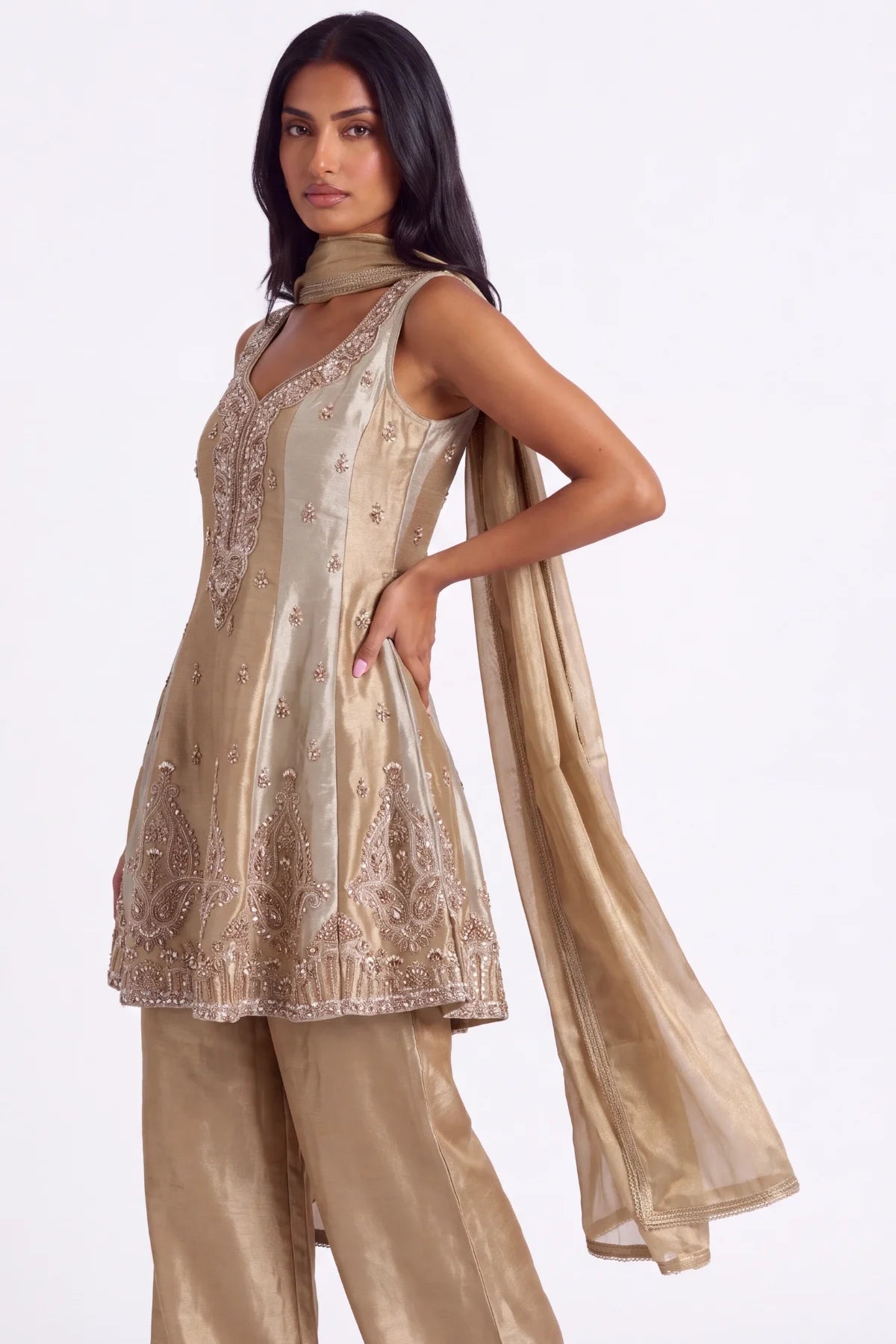Gold Embellished Short Anarkali Suit by Dorie Atelier – view 5