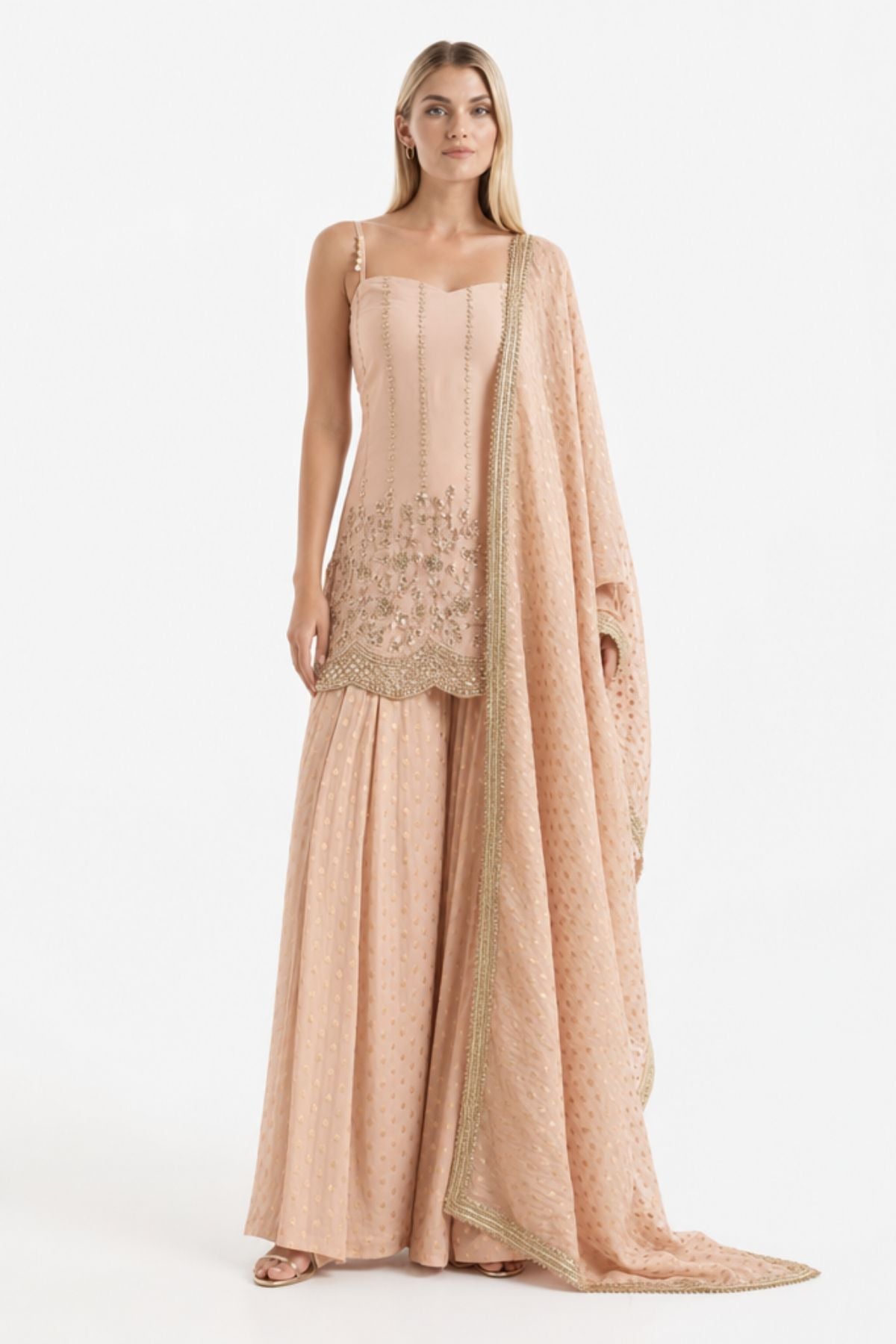 Dusty rose sequinned sharara set by Dorie Atelier — front view