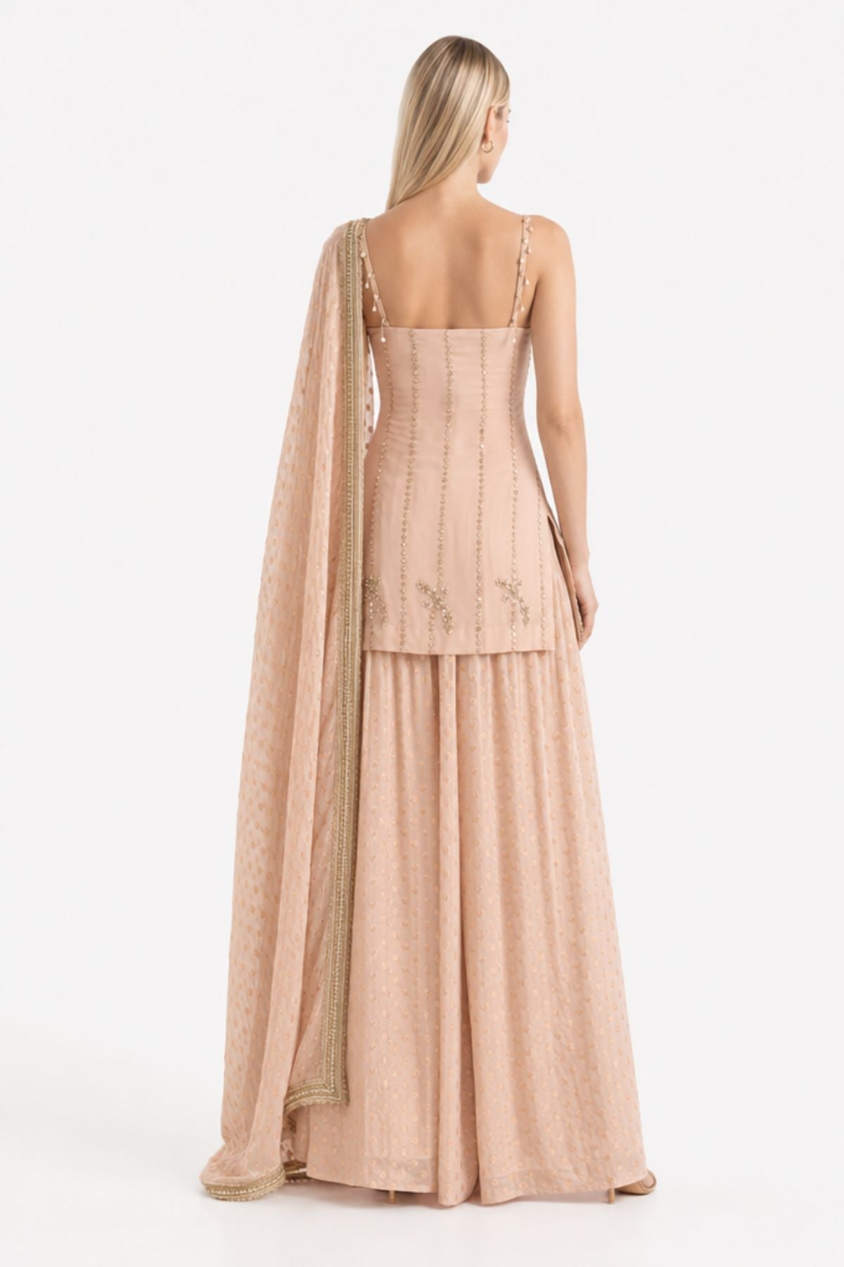 Dusty rose sequinned sharara set — back view showing silhouette and finishing