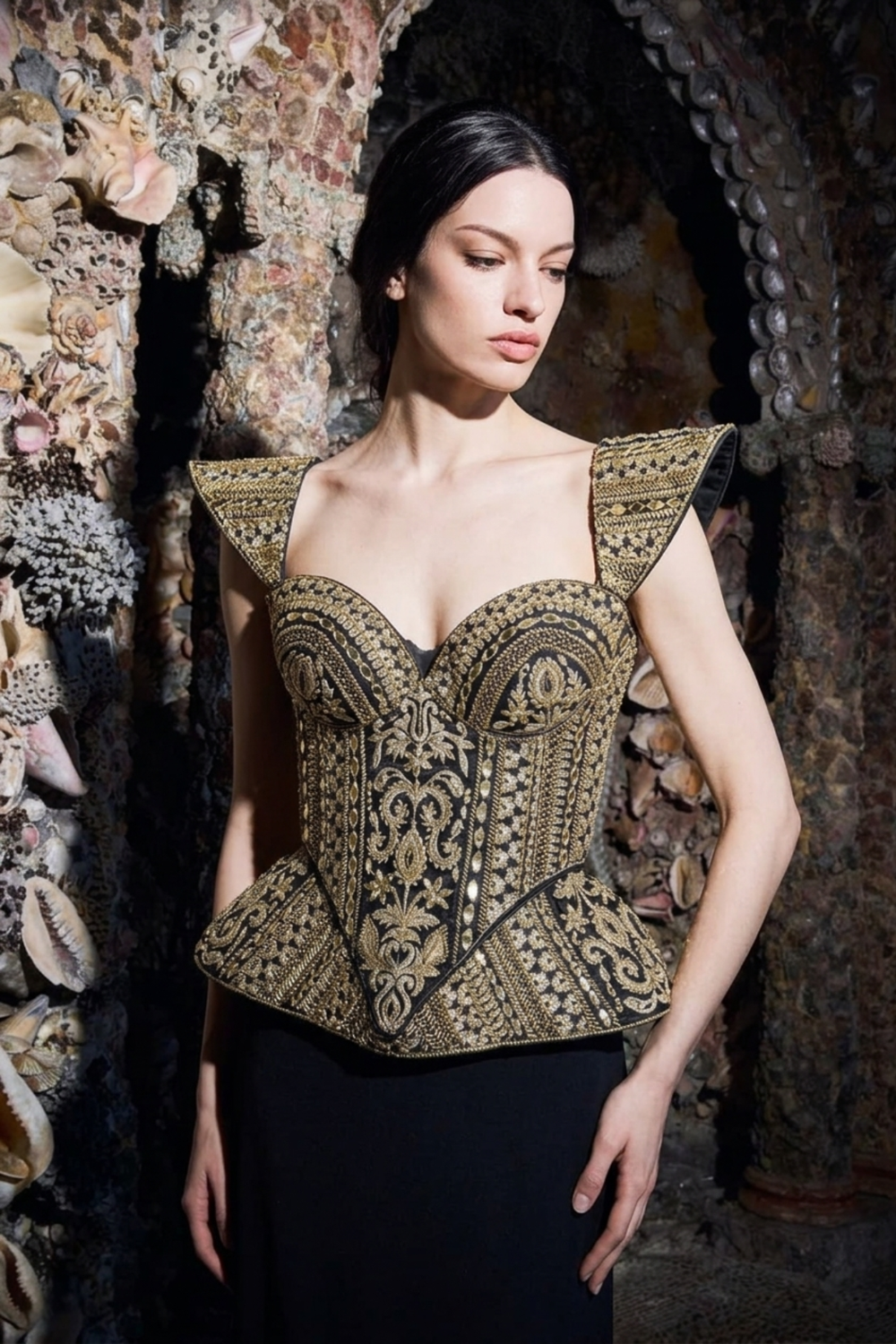 Gold mirrorwork corset — back view showing silhouette and finishing
