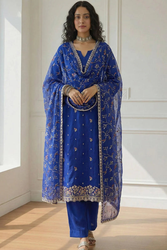 Zaria Cobalt Hand-Embroidered Organza Suit Set
