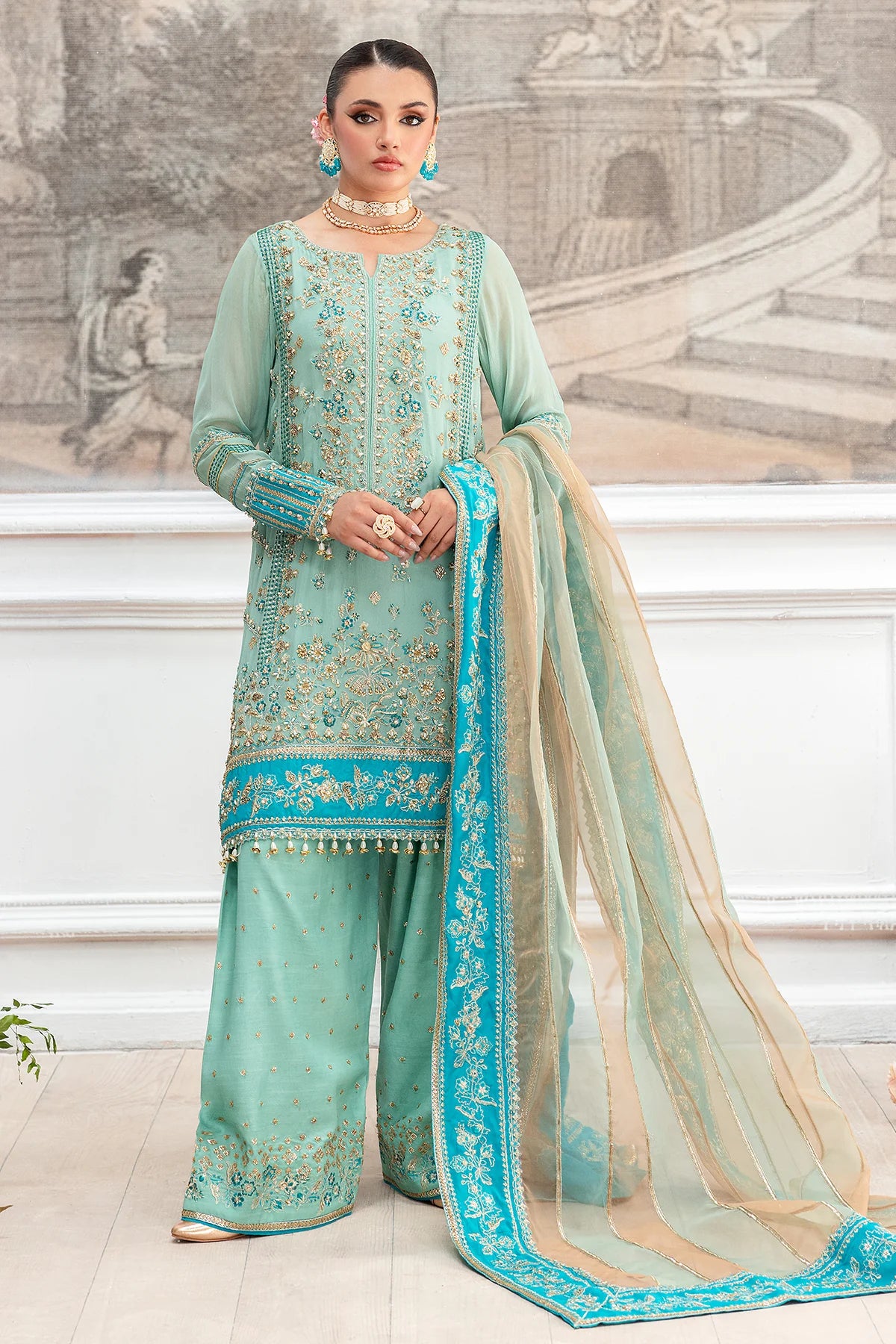Sky Blue Embroidered Pant Suit - Dorie
