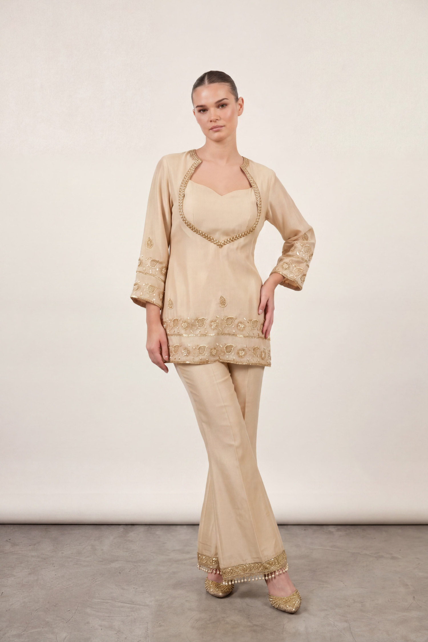 Ivory zari set by Dorie Atelier — front view