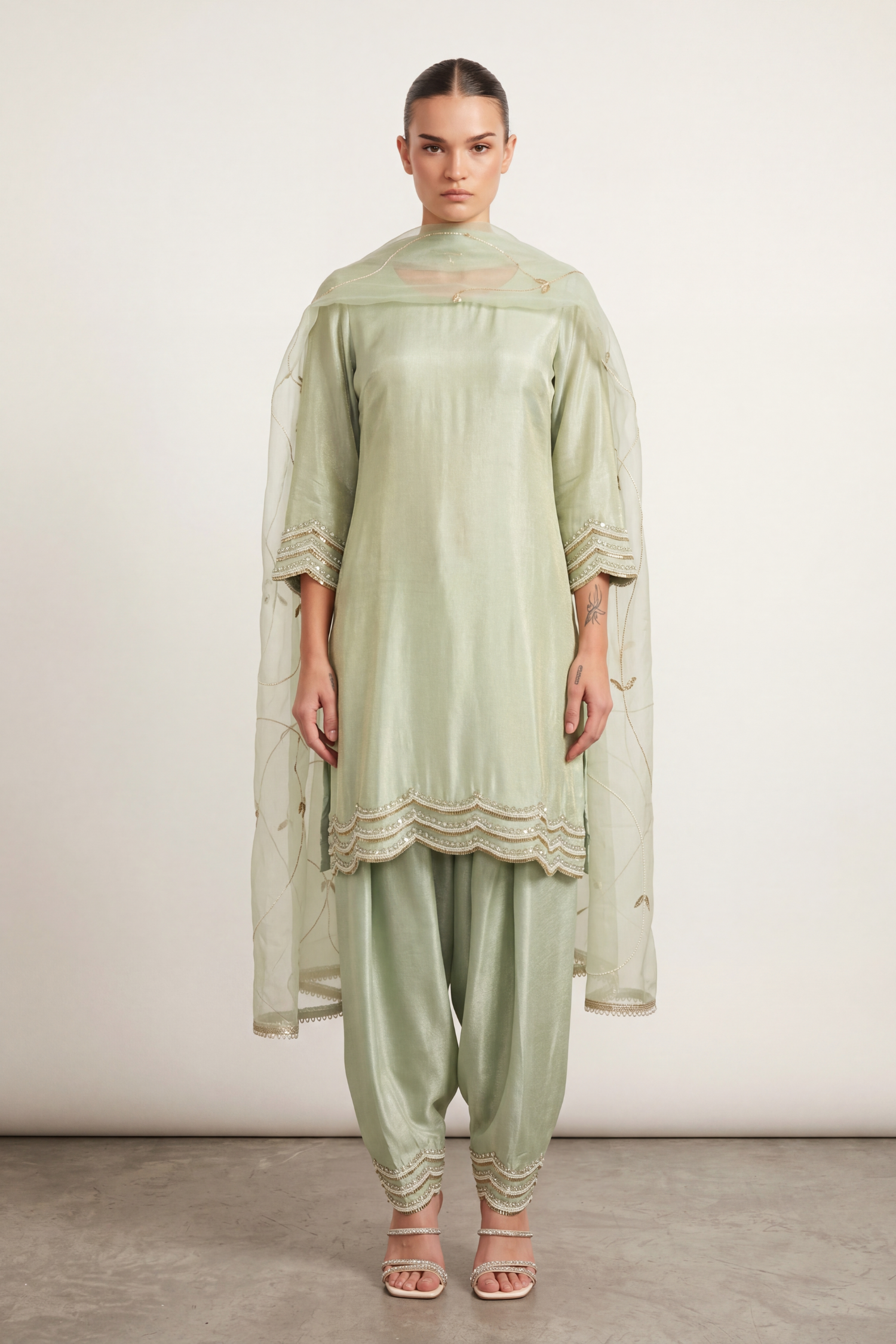 Mint net sequinned farshi set by Dorie Atelier — front view