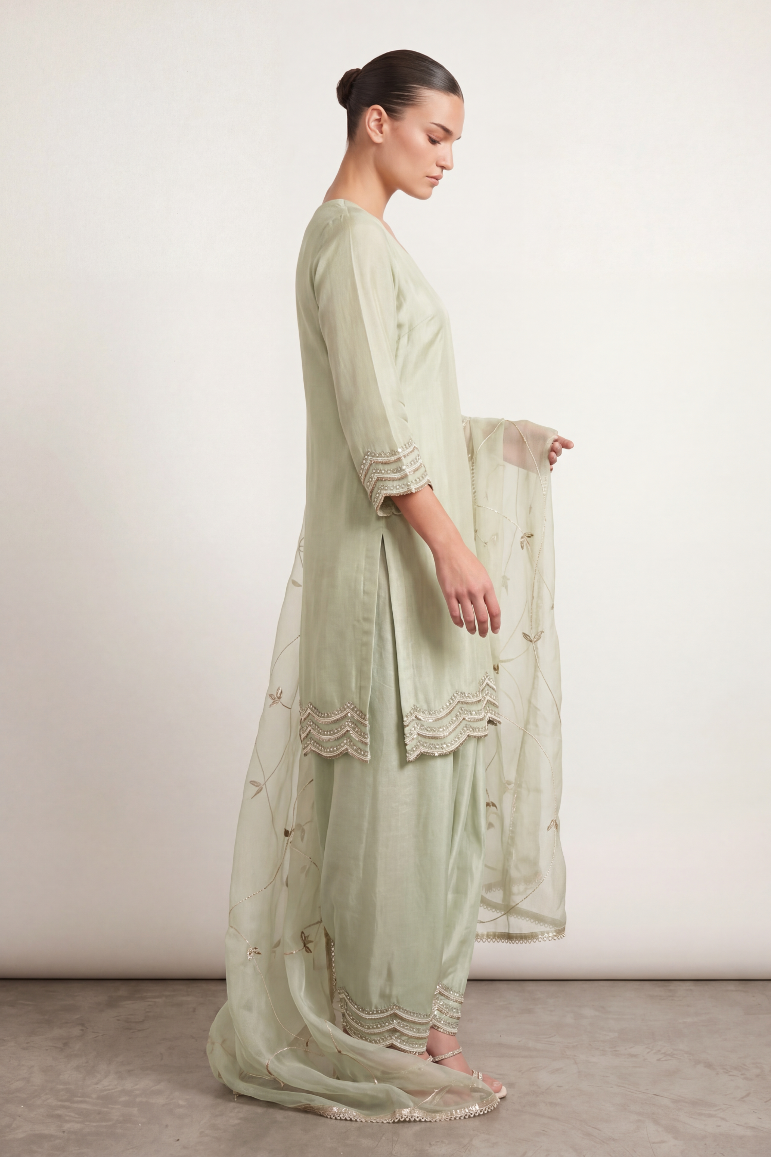 Mint net sequinned farshi set — back view showing silhouette and finishing