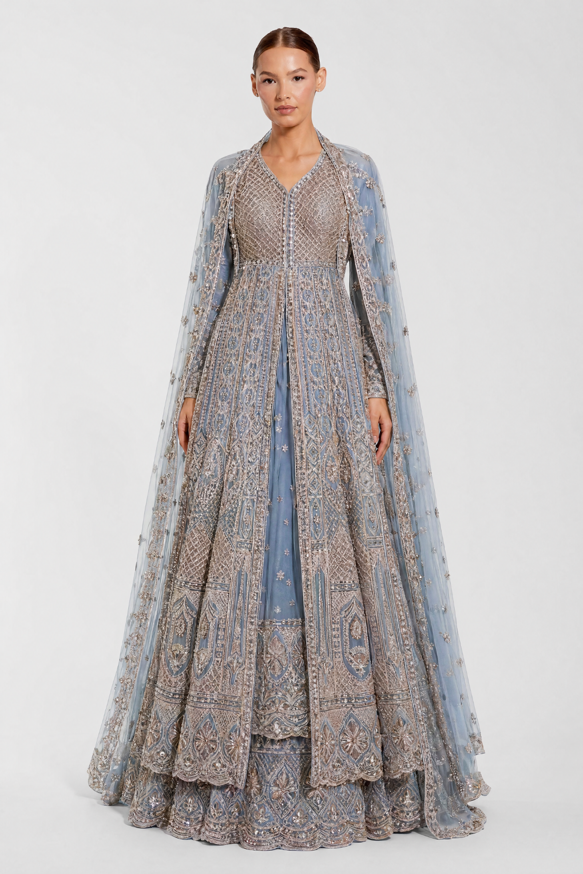 Red net hand-embroidered sharara set by Dorie Atelier — front view