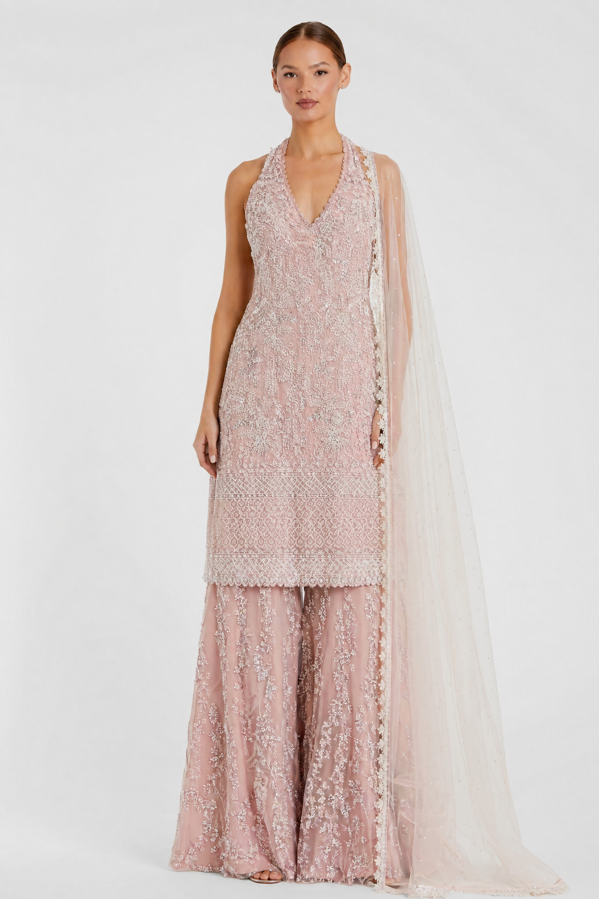 Red georgette hand-embroidered sharara by Dorie Atelier — front view