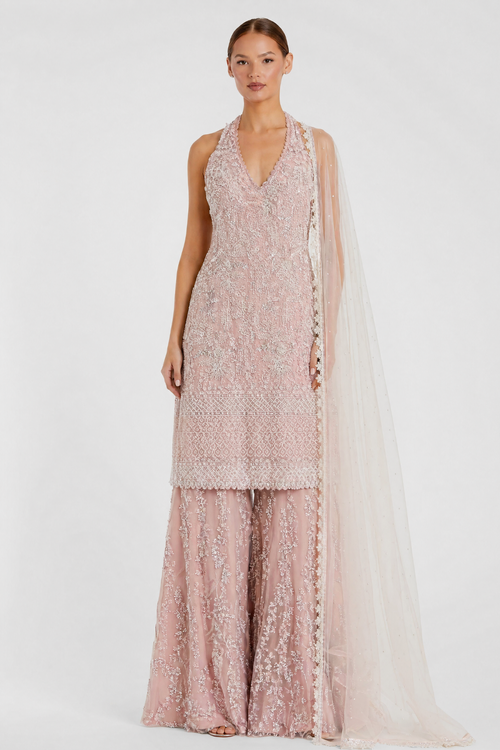 Red georgette hand-embroidered sharara by Dorie Atelier — front view