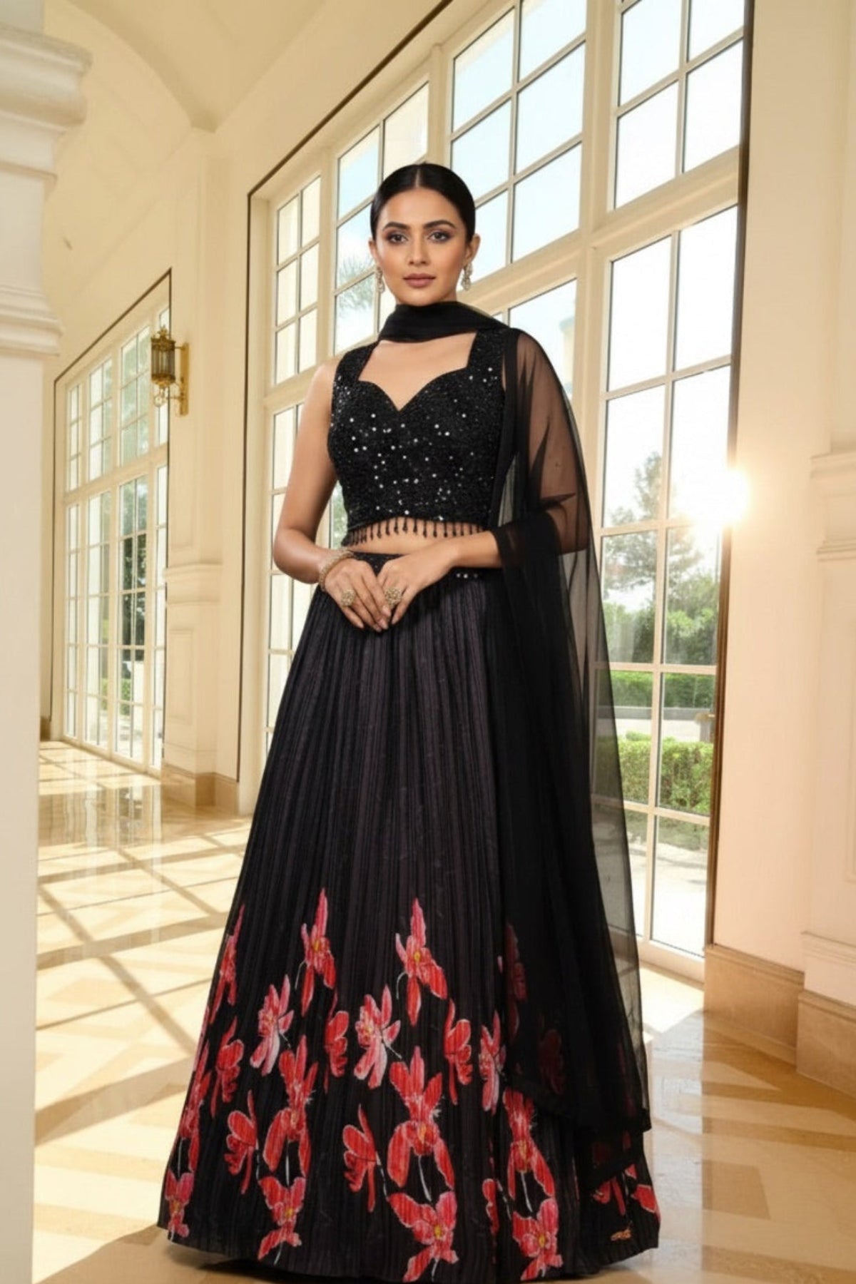Black Floral Printed Lehenga