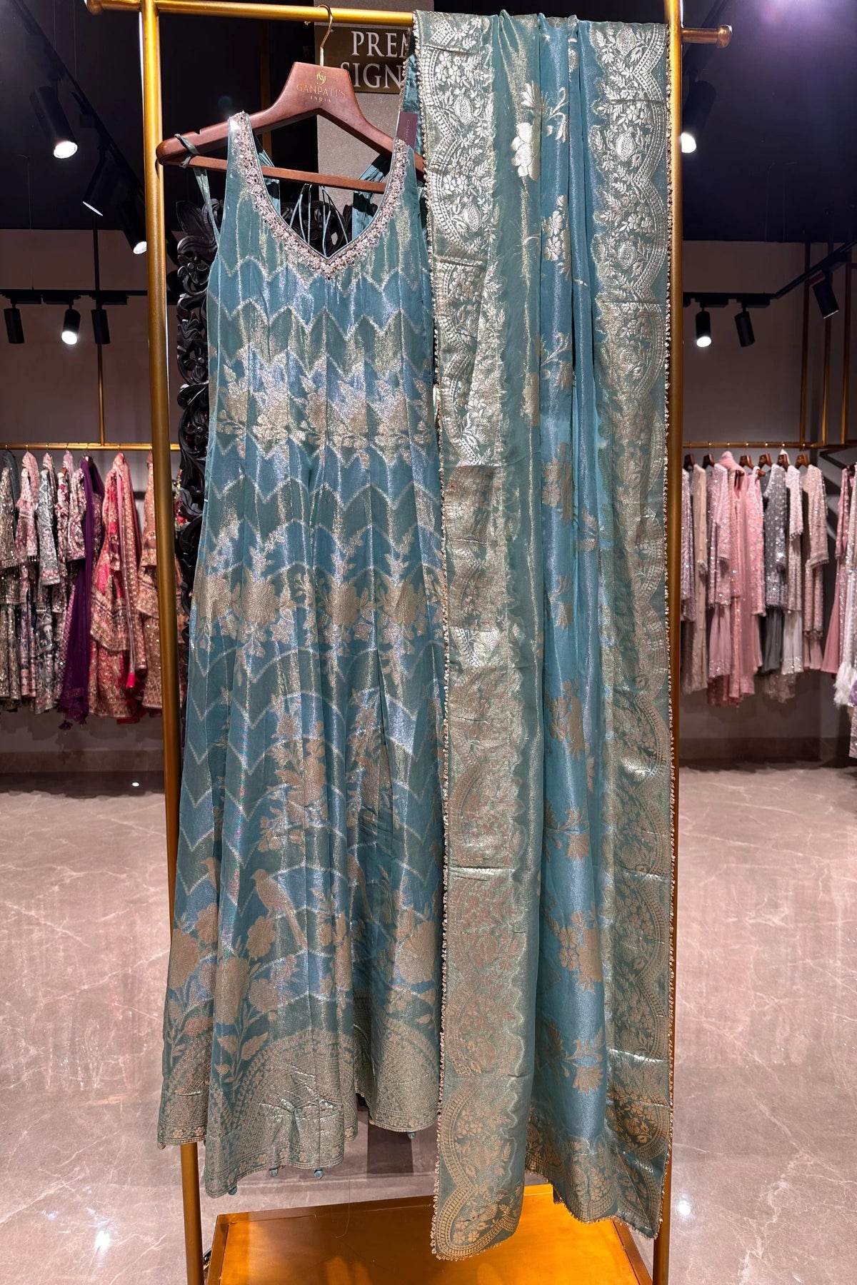 Teal Pure Crepe Anarkali Set